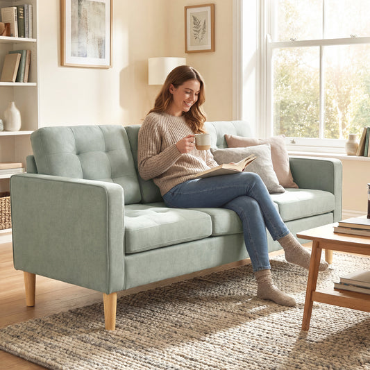 Light grey 3-seater sofa with tufted back, cushioned arms, and wooden legs
