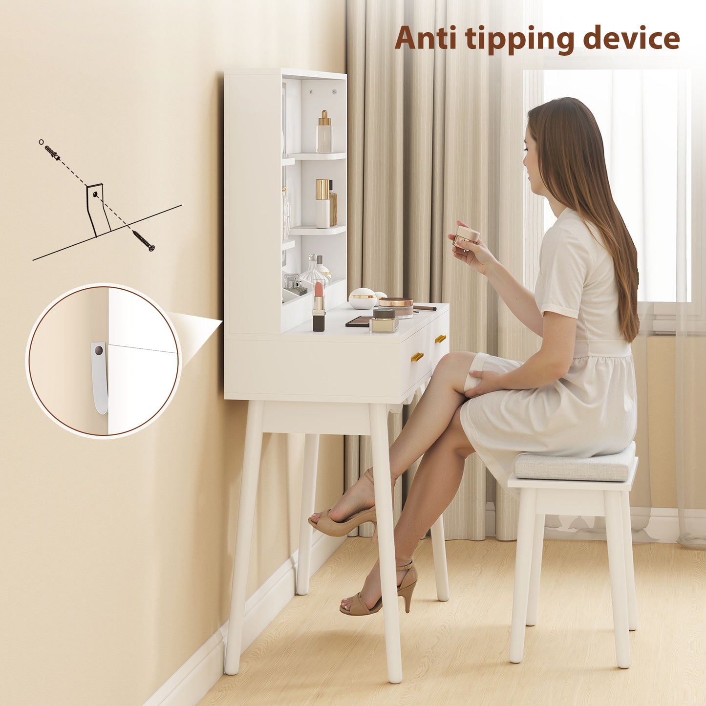 HOMCOM Elegant Dressing Table With LED Mirror And Adjustable Color Temperature White Finish