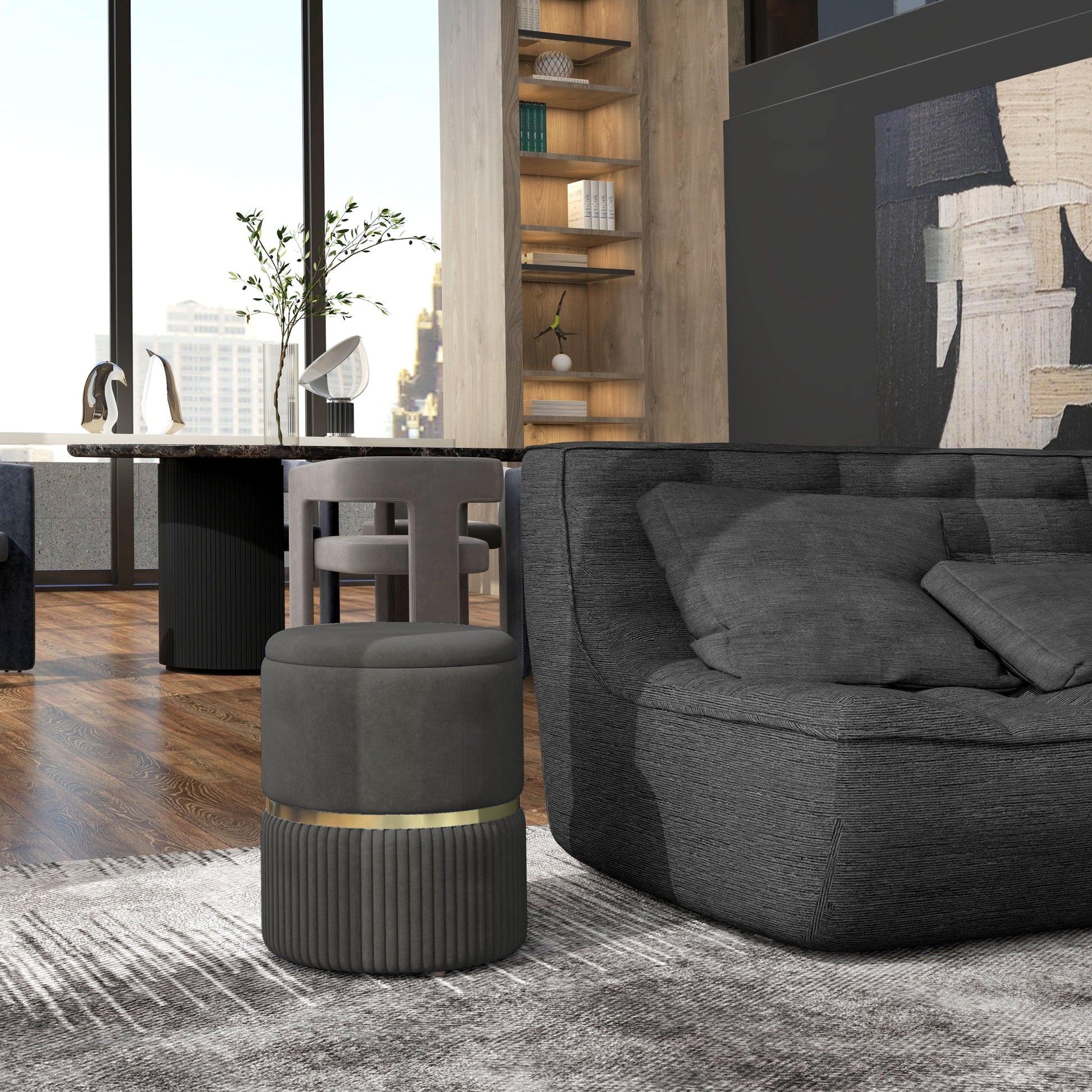 HOMCOM Round Ottoman Stool with Storage, Velvet-feel Fabric Upholstered Pouffe Foot Stool with Padded Seat and Hidden Space - ALL4U RETAILER LTD