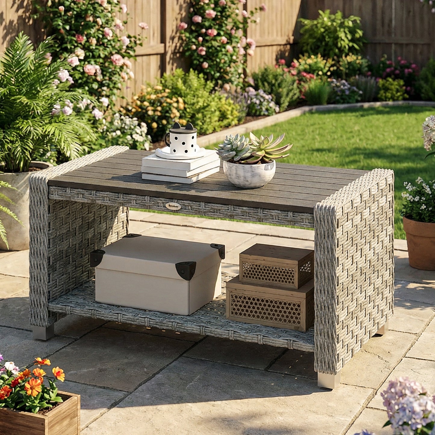 Outsunny Outdoor Coffee Table With Storage Shelf Slatted Top PE Rattan Water Resistant Grey