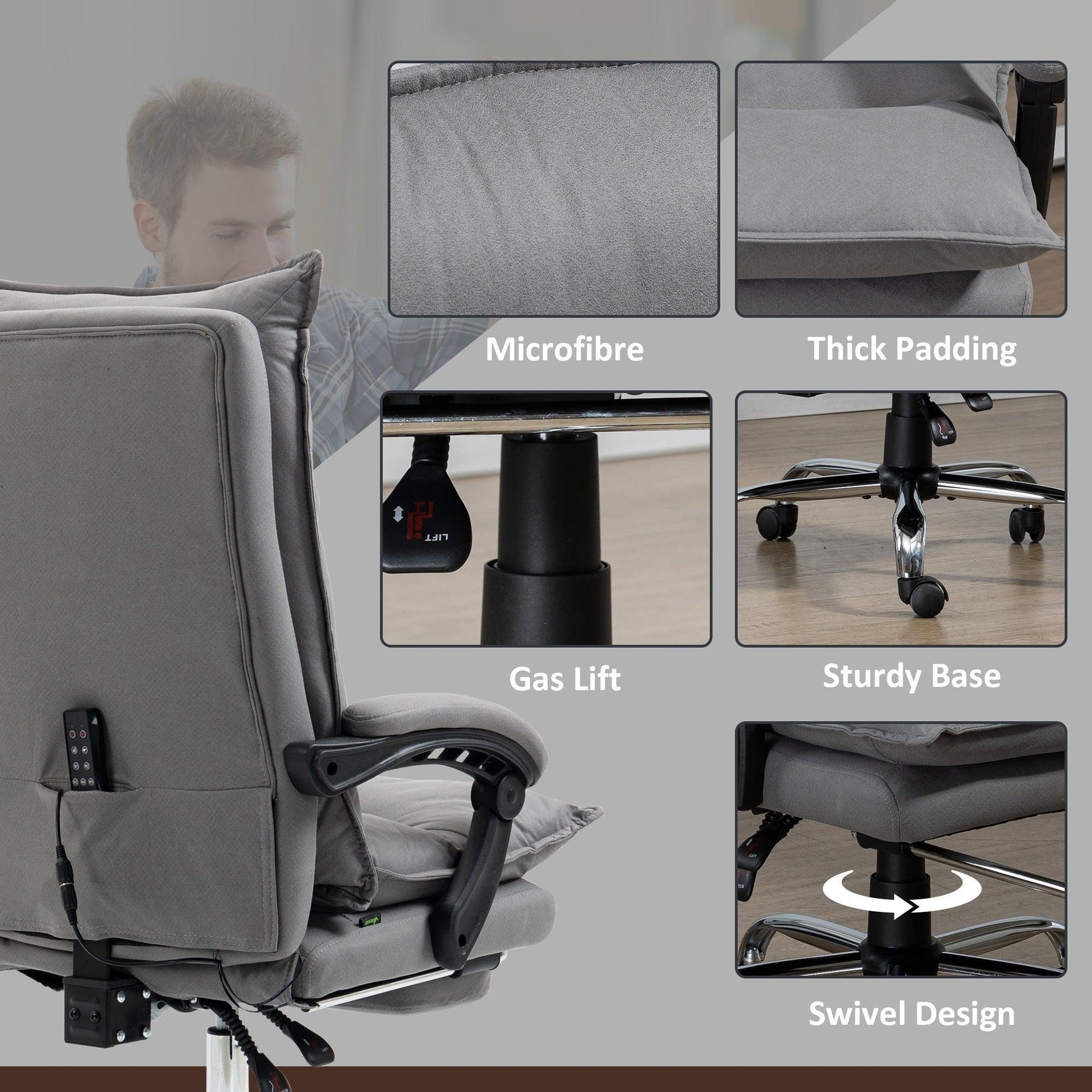 Vinsetto Microfibre Vibration Massage Office Chair with Heat, Footrest, Grey - ALL4U RETAILER LTD