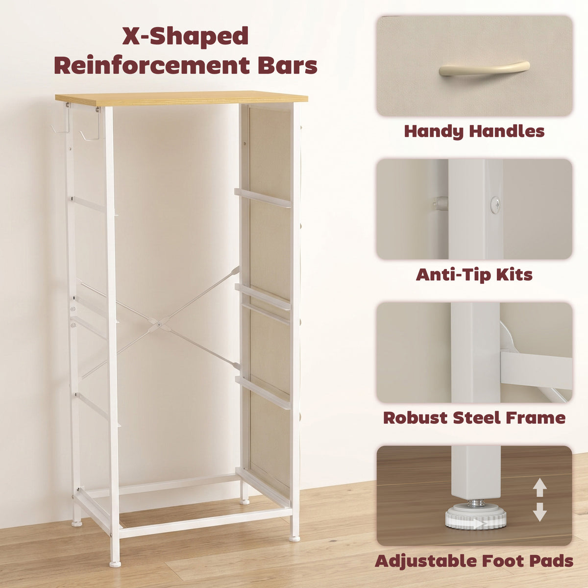 Homcom 4 Drawers Fabric Chest Of Drawers With Steel Frame And Hooks Beige