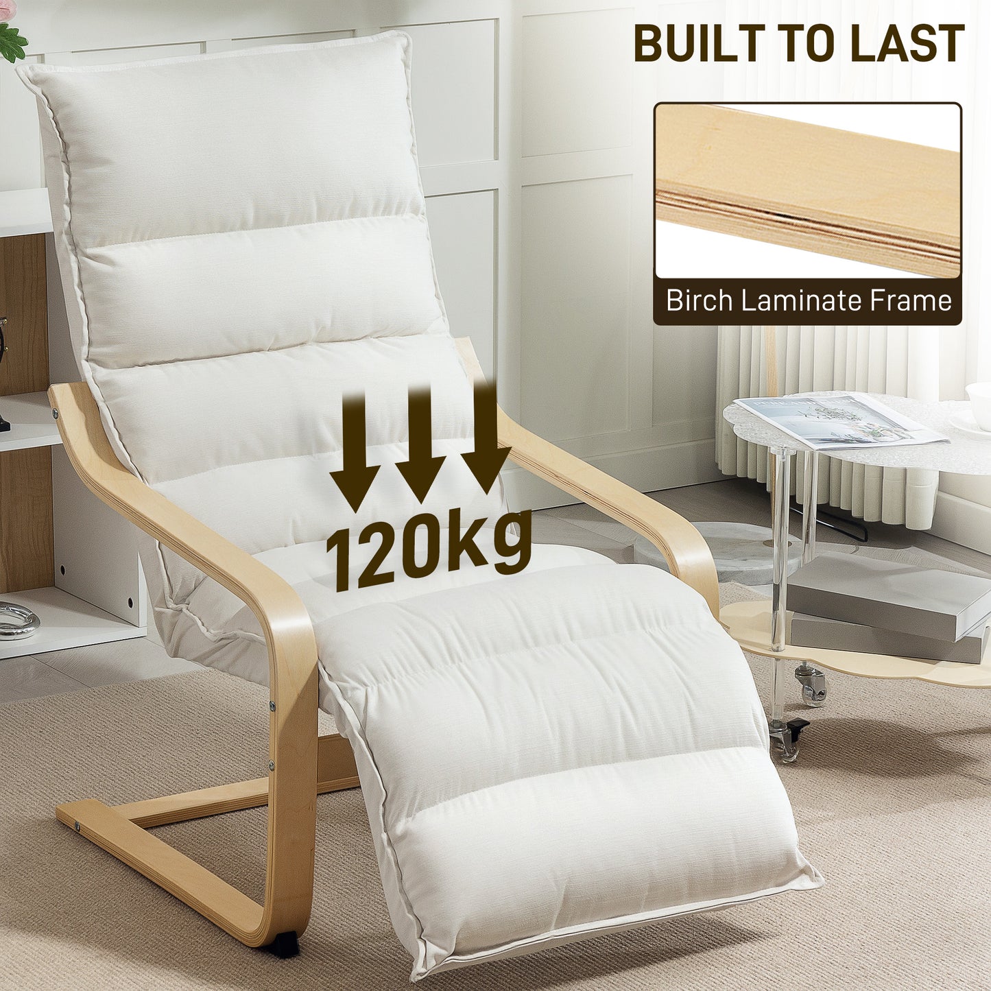 HOMCOM Curved Wooden Accent Chair with Adjustable Footrest Cream White Velvet Seat Birch Wood Frame Rocking