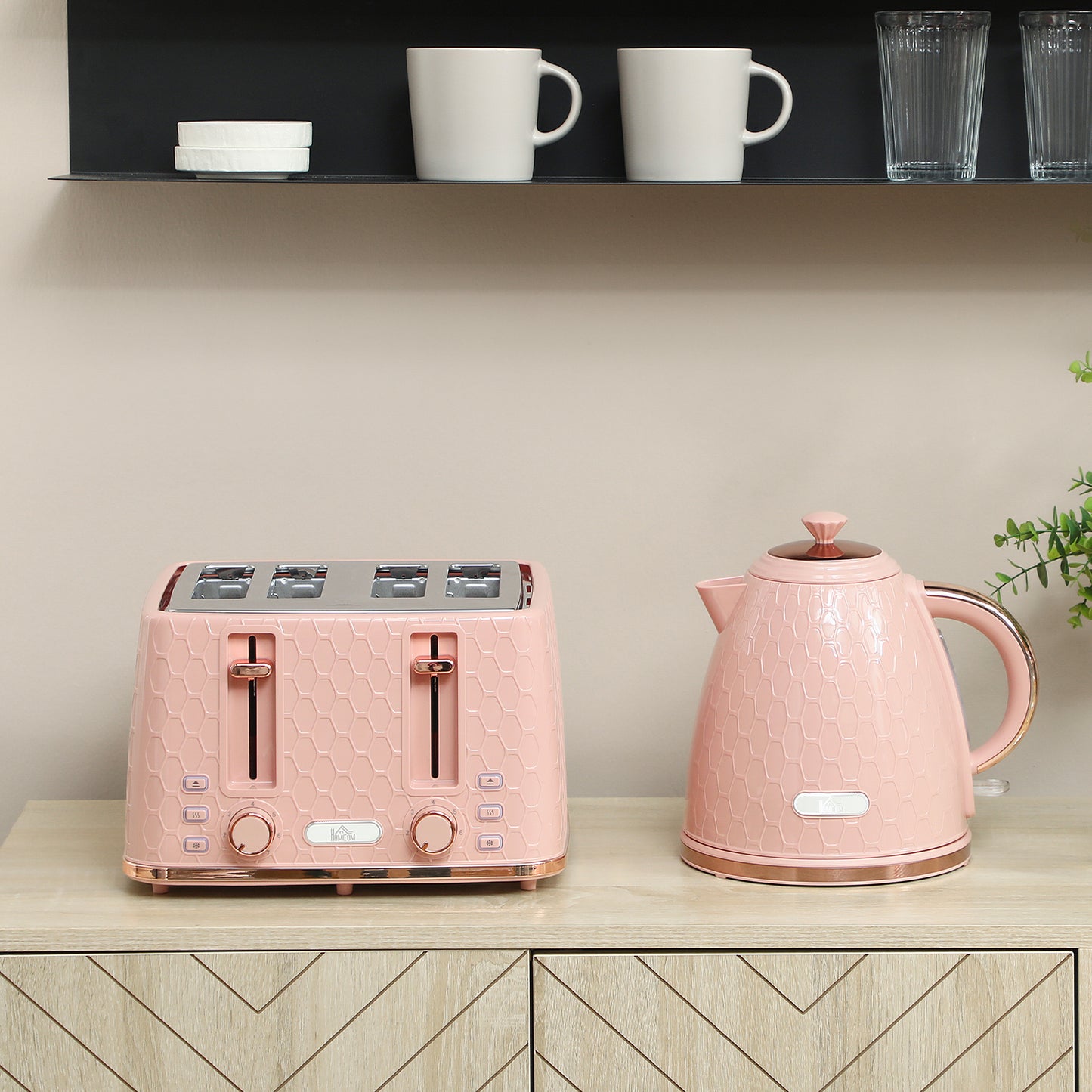 HOMCOM Kettle and Toaster Set 1.7L 3000W Fast Boil Kettle 4 Slice Toaster Honeycomb Pattern Light Pink