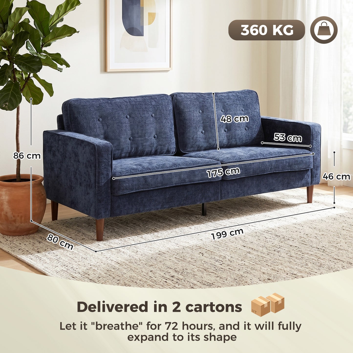HOMCOM 3 Seater Sofa With Button Tufted Upholstered Velvet And Wood Legs For Living Room Dark Blue