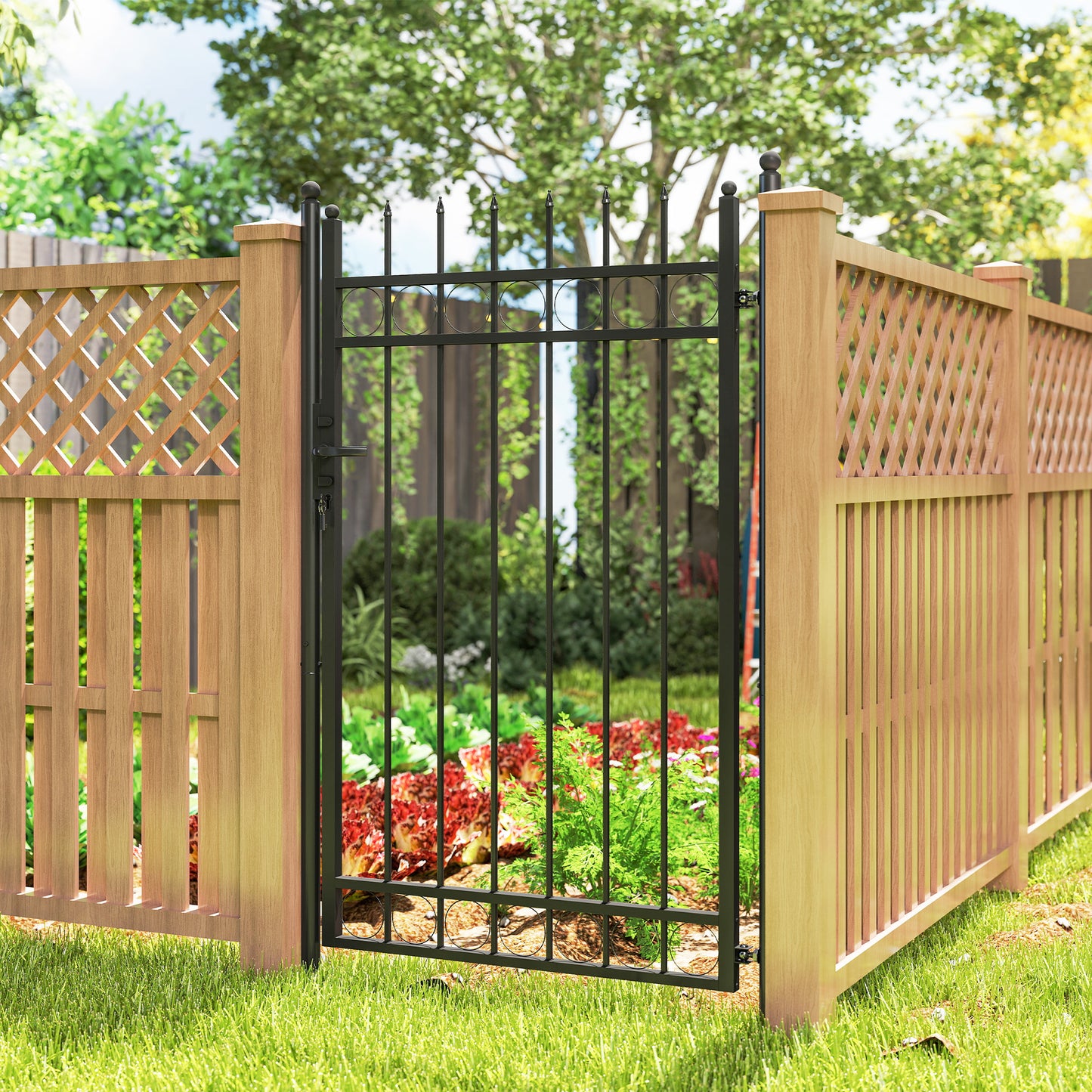 Outsunny Galvanised Steel Garden Gate 105 x 204 cm Black With Lock Keys And Handle
