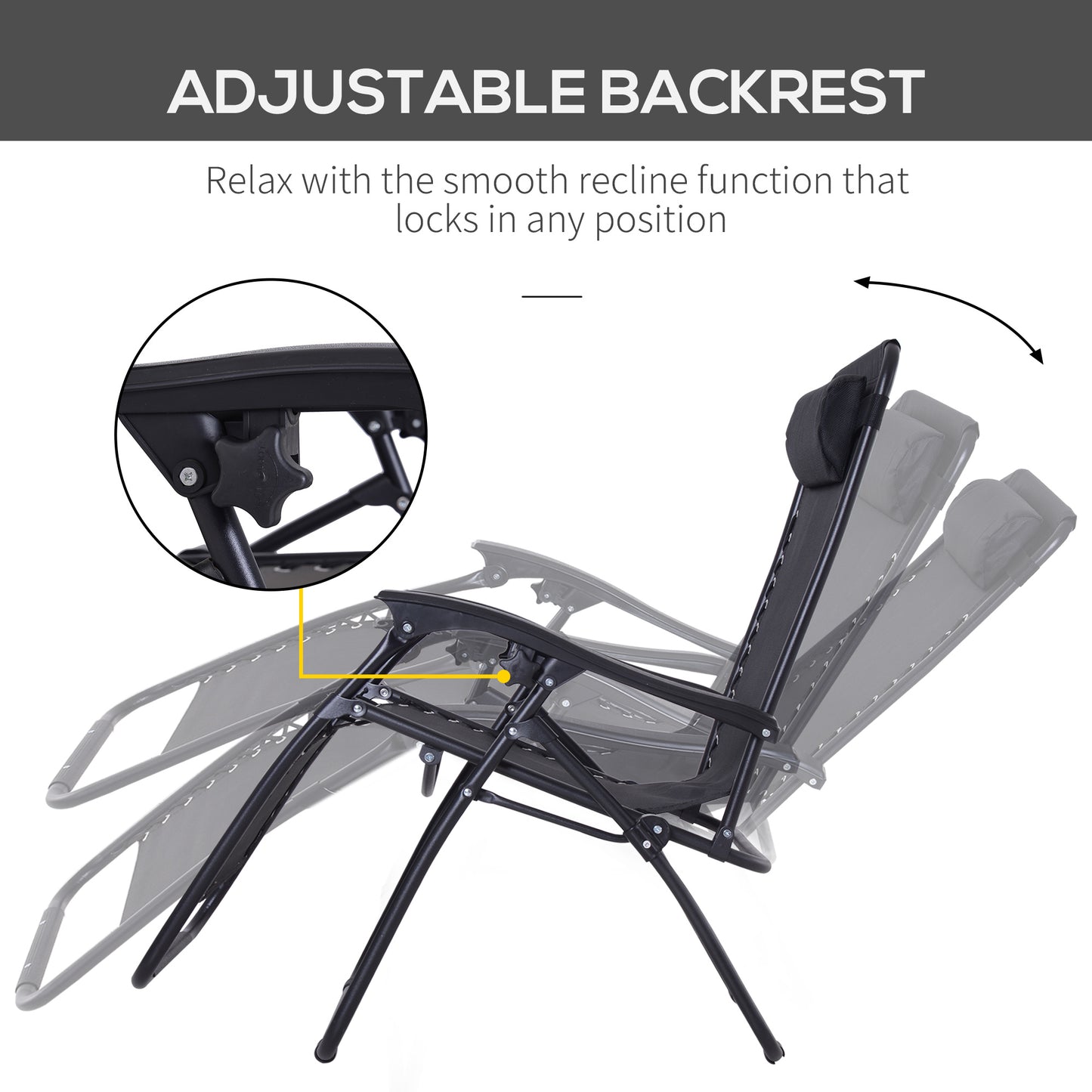 Outsunny Zero Gravity Chair Set of 2 with Metal Frame Texteline Chairs Folding and Reclining Loungers Head Pillow Black