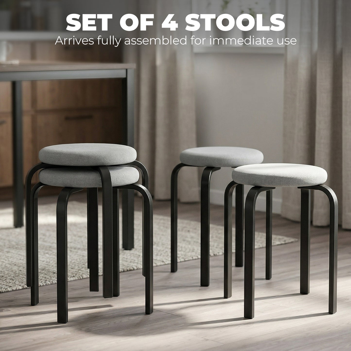 HOMCOM Stackable Cushioned Round Backless Stools Set of 4 Grey for Kitchen and Dining Room