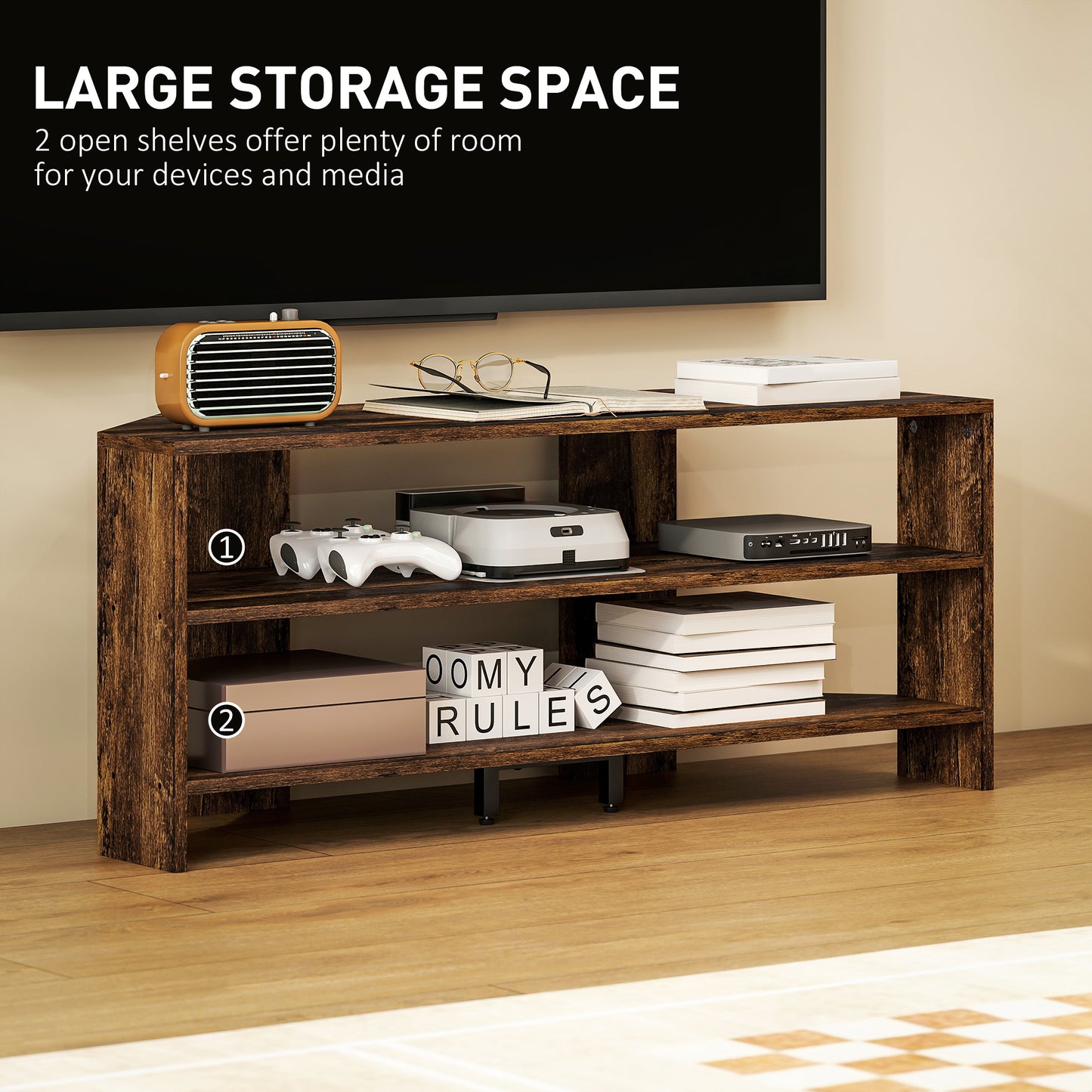 HOMCOM Corner TV Stand With Two Open Shelves For 47 Inch TV Rustic Brown Space Saving Design