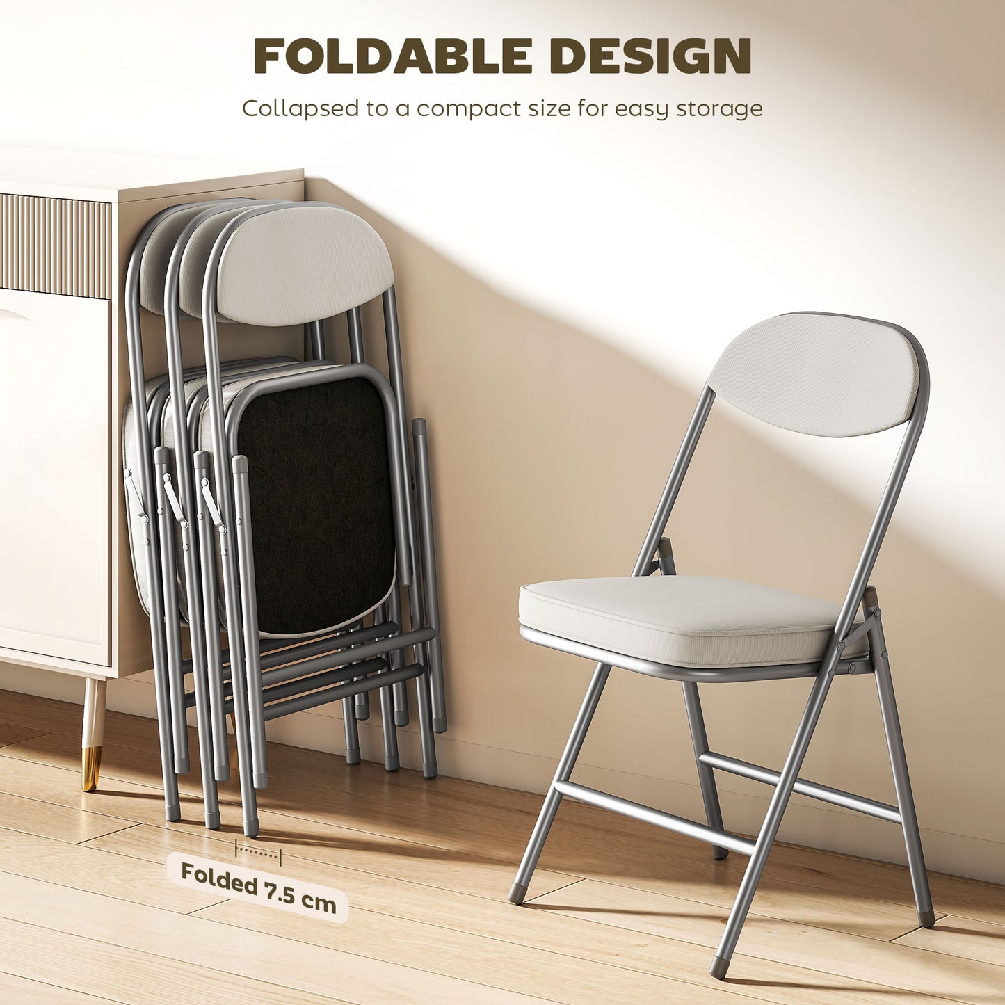 HOMCOM Set of Four Folding Corduroy Chairs Cream Steel Frame Padded Seat and Back for Easy Storage