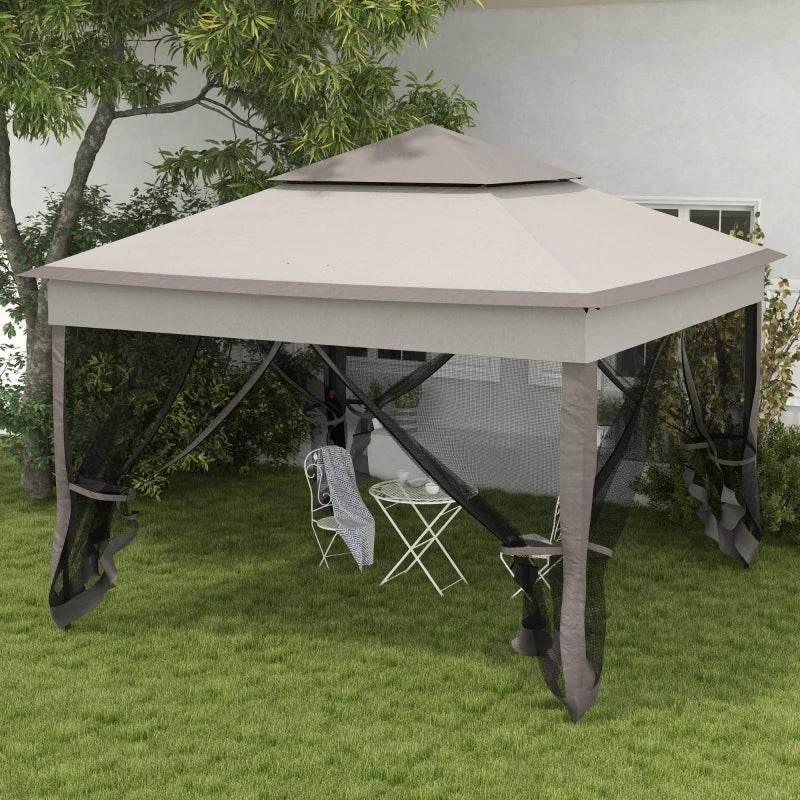 Brown metal gazebo with gray canopy and mesh curtains, open sides on a lawn