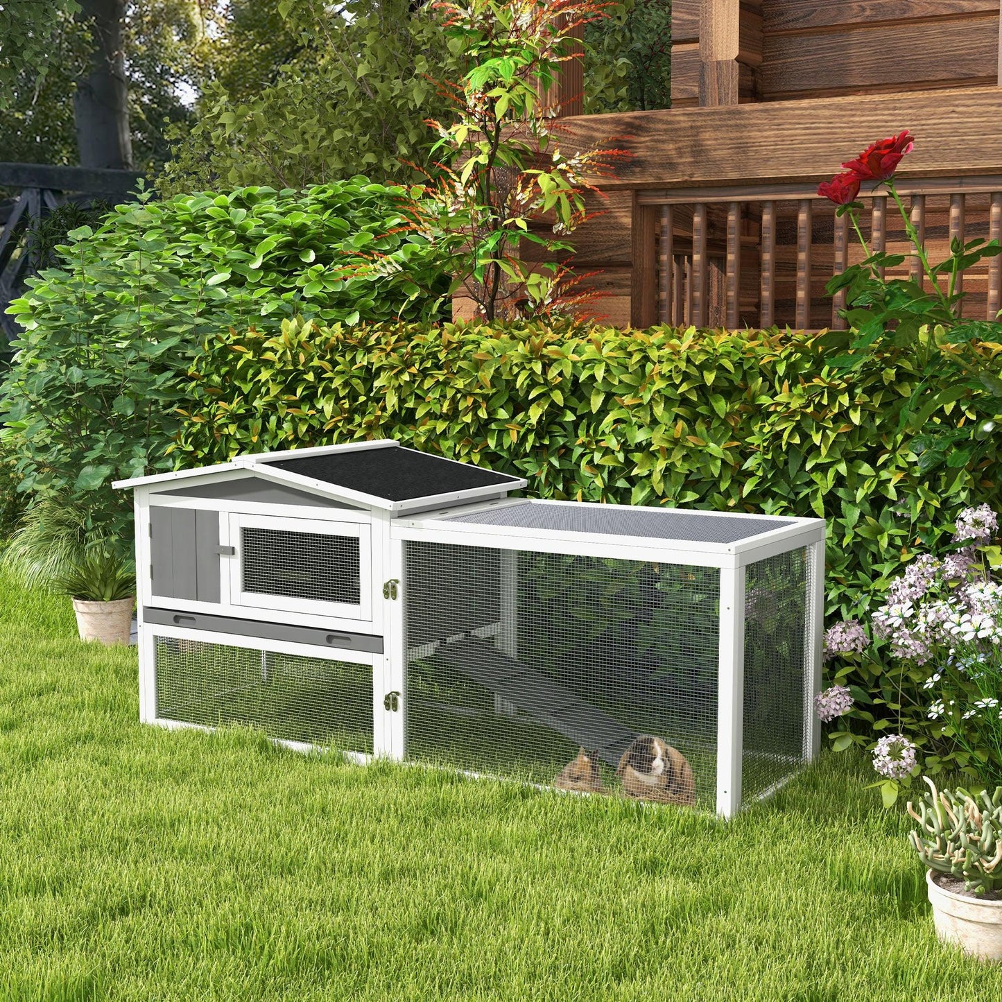 PawHut Rabbit Hutch and Run Outdoor w/ Sliding Tray Hay Rack Ramp, 156x58x68cm - ALL4U RETAILER LTD