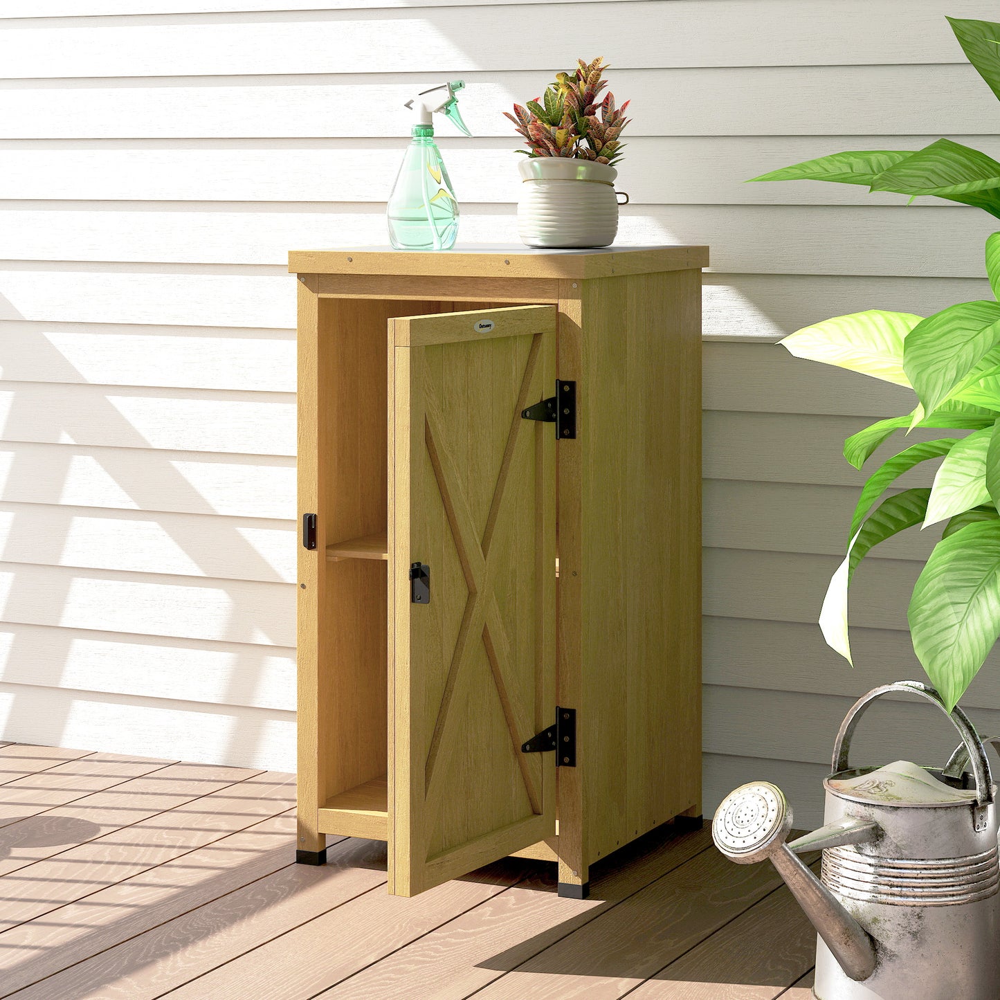 Outsunny Wooden Garden Shed Garden Tool Storage Shed With Metal Top And Shelf Light Brown