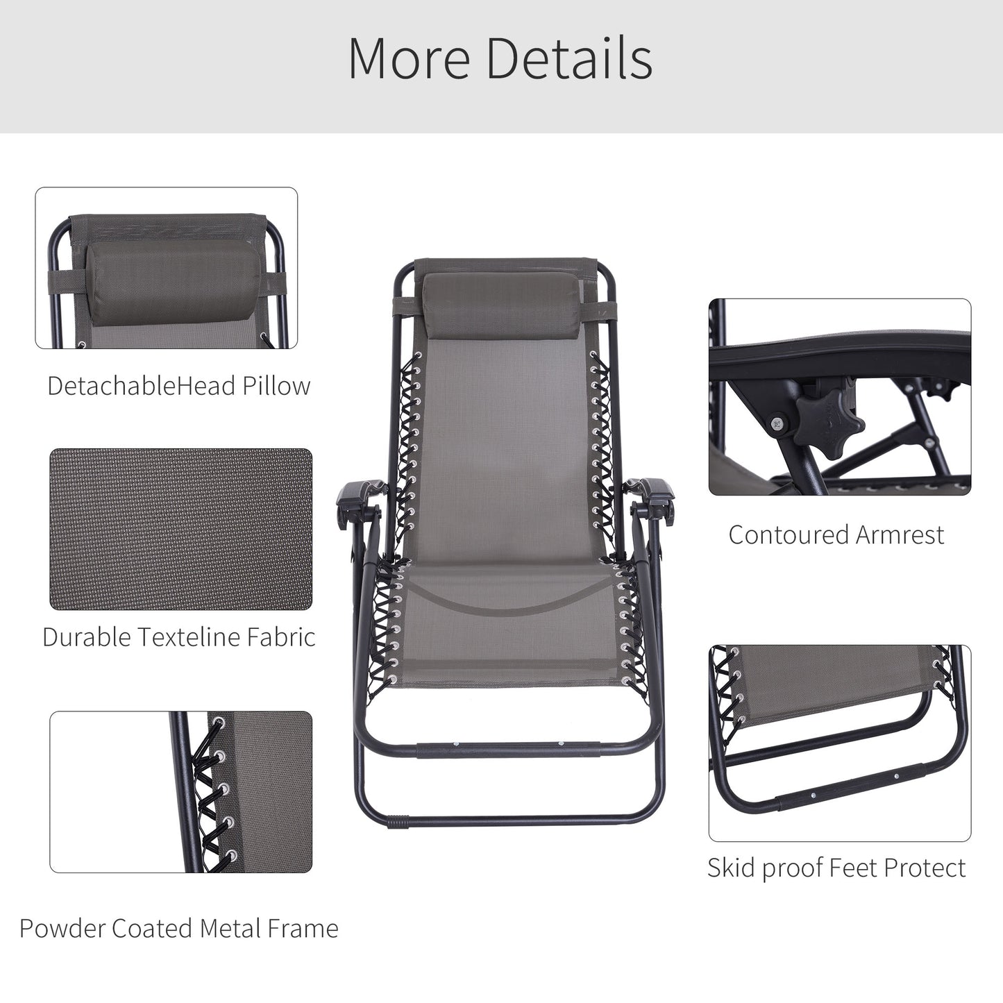 Outsunny Zero Gravity Chair Set Of 2 With Metal Frame Texteline Loungers For Patio Deck Garden Camping Grey
