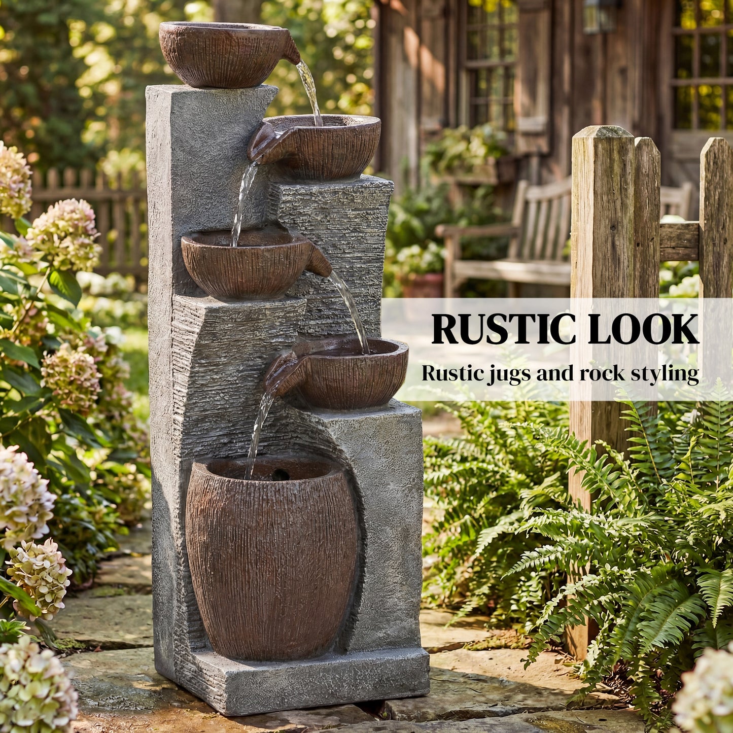 Outsunny Outdoor Fountain 5 Tier Garden Waterfall With LED Lights Adjustable Flow Grey And Rustic Brown