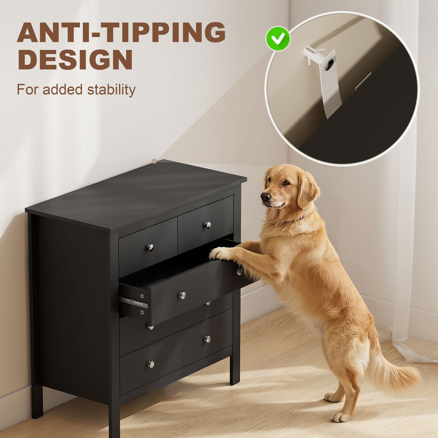 HOMCOM Five Drawer Dresser Chest of Drawers in Black for Bedroom Living Room Hallway with Round Knobs