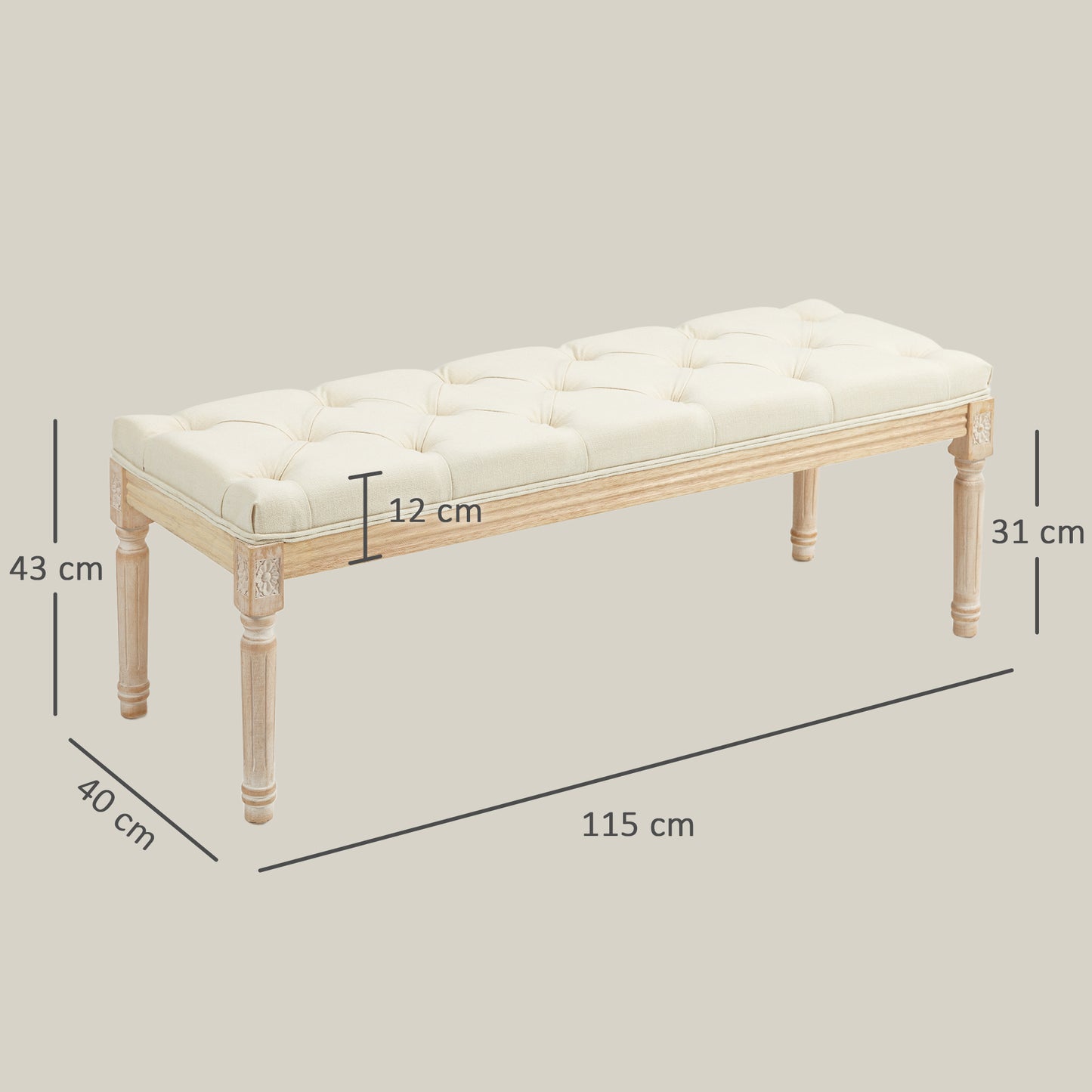 HOMCOM Vintage Wooden Bed End Bench Cream White With Button Tufted Top And Distressed Wood Frame