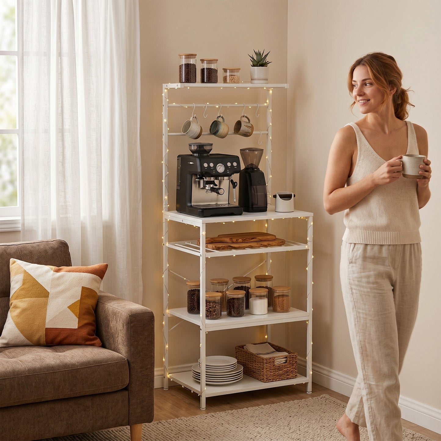 HOMCOM Freestanding Shelving Unit With Six Hooks And Wine Rack For Living Room And Home Office White