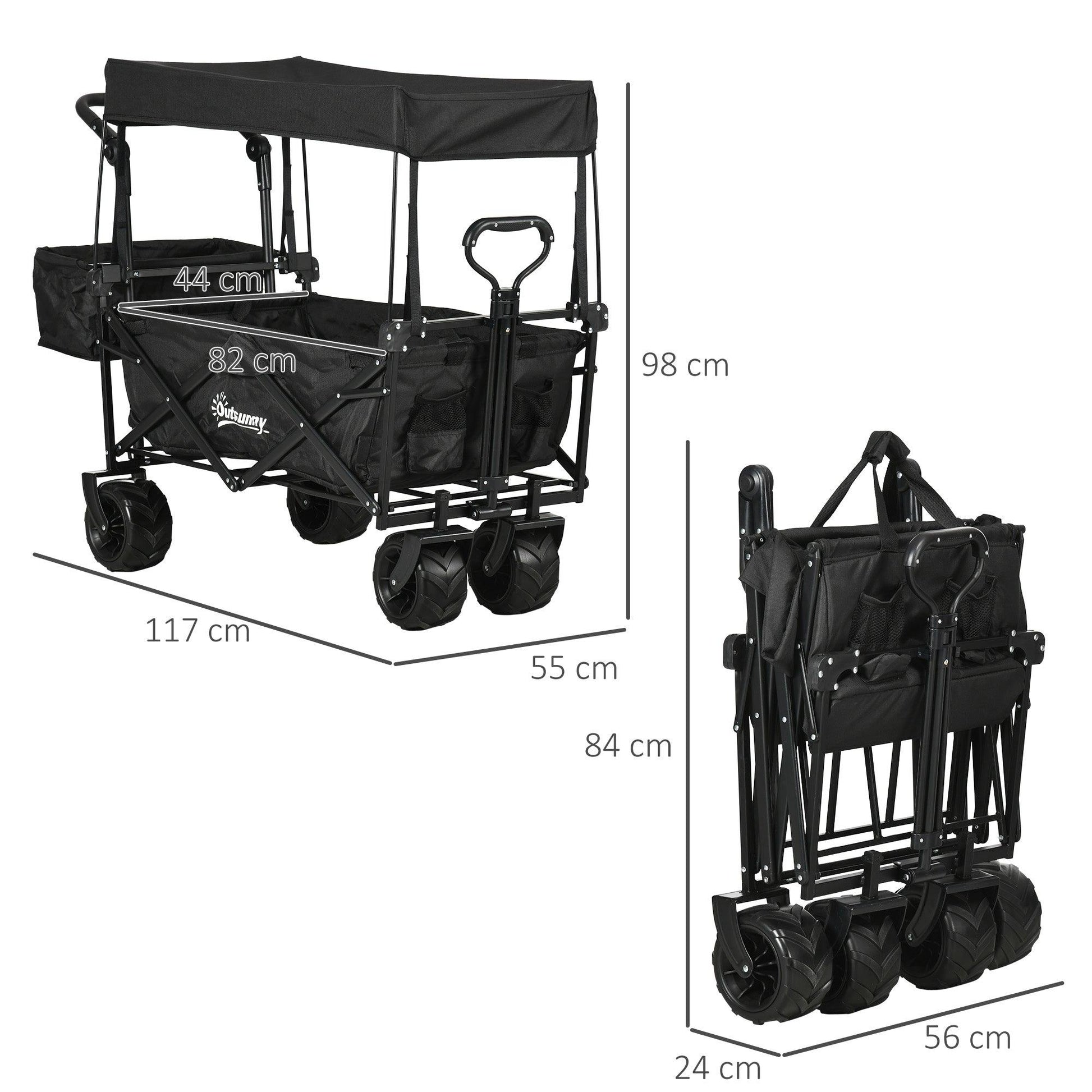 Outsunny Outdoor Push Pull Wagon Stroller Cart w/ Canopy Top Black - ALL4U RETAILER LTD