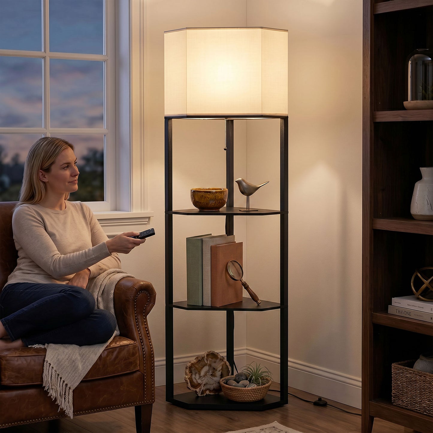 HOMCOM Corner Floor Lamp With Shelves And Dimmable Lights 3000K 4000K 6000K Color Temperature