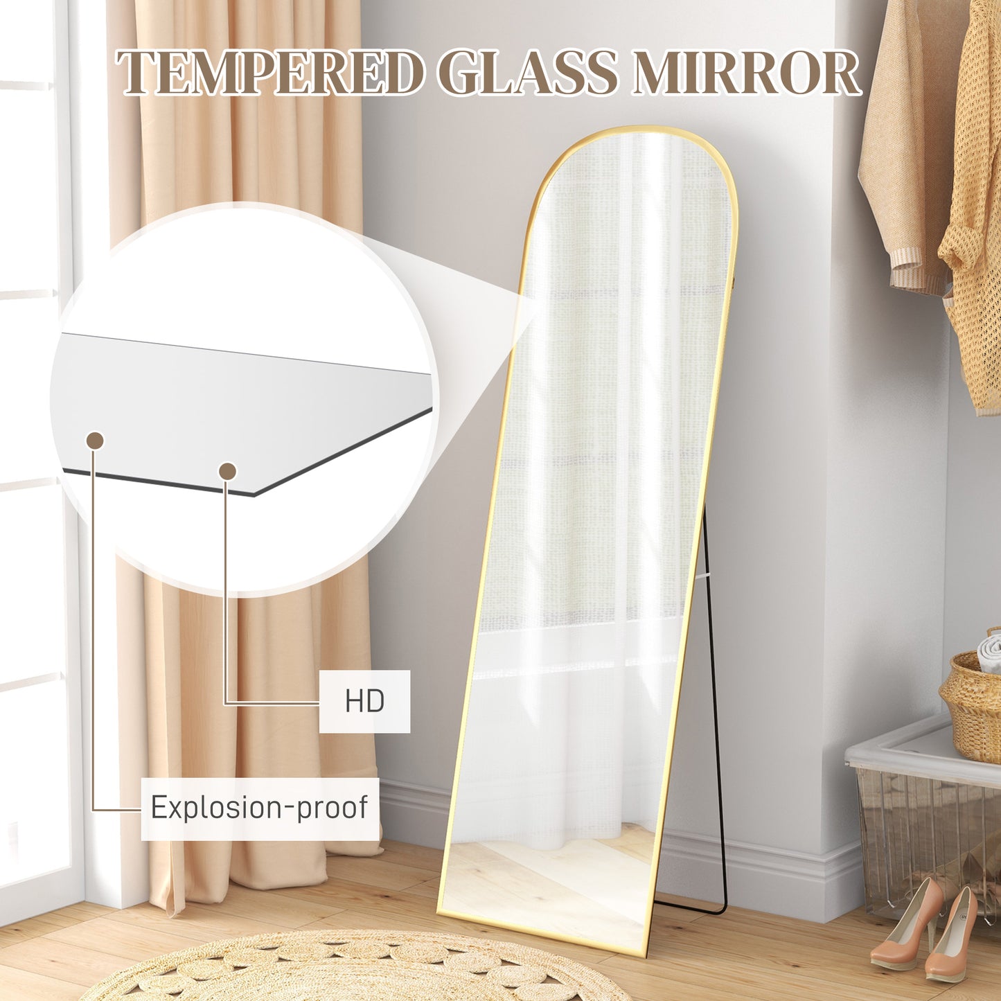 HOMCOM 162cm Aluminium Frame Standing Mirror Gold Two Way Design For Wall Mount Or Freestanding Back Leg