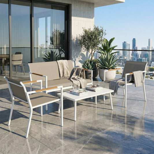 Outsunny 4 Seater Garden Furniture Set With Loveseat Armchairs And Table Metal Frame Breathable Mesh Seats Khaki