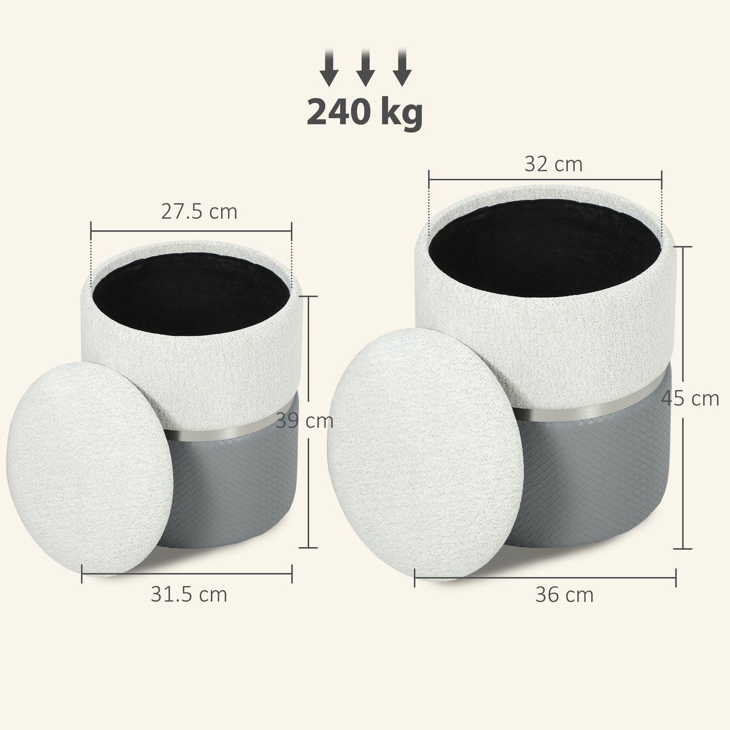 HOMCOM Nesting Round Ottomans With Storage Set Of 2 Cream And Grey Two Tone Upholstered Ottomans