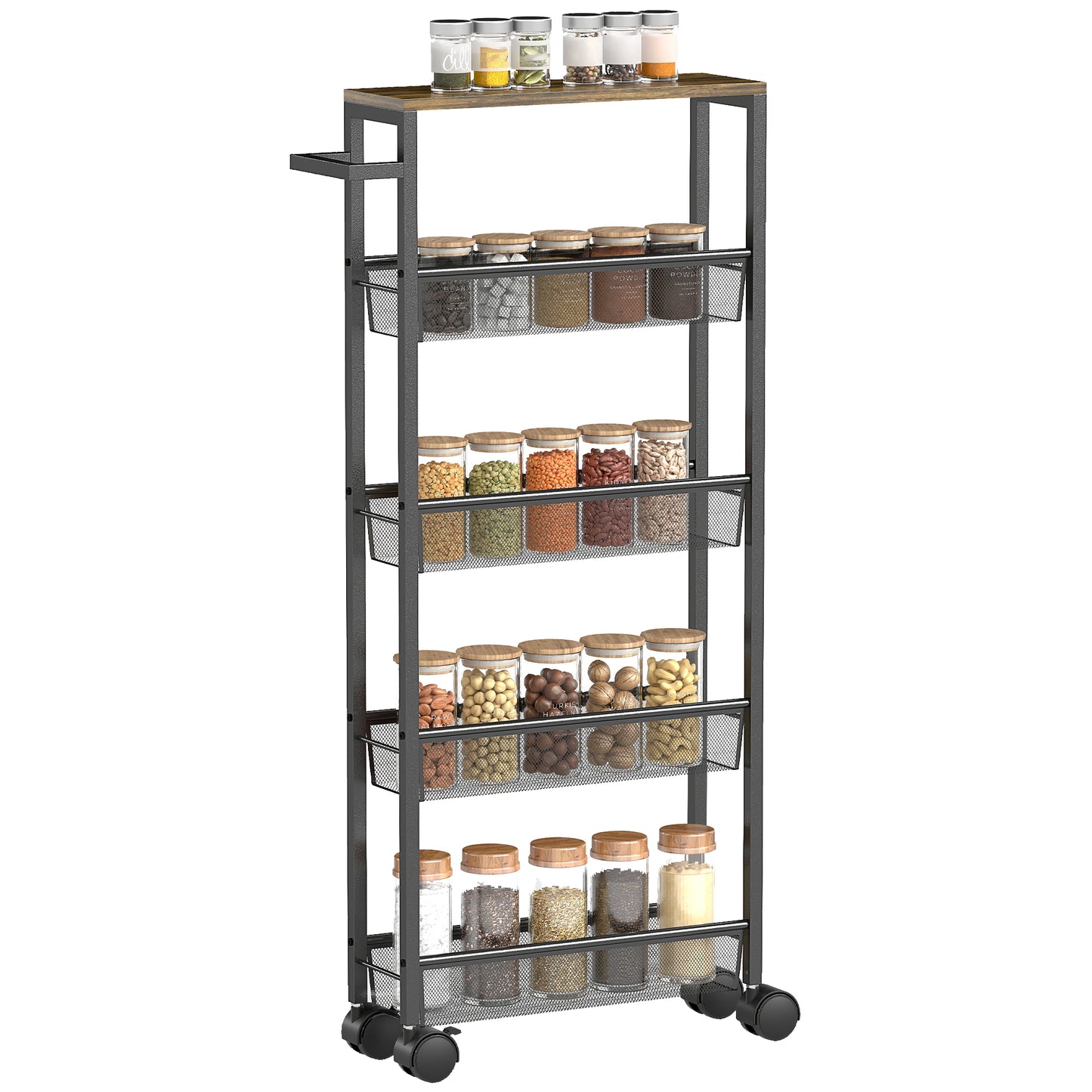 HOMCOM Slim Storage Trolley 5 Tier Kitchen Cart On Wheels With Wood Effect Top For Living Room Bathroom Black
