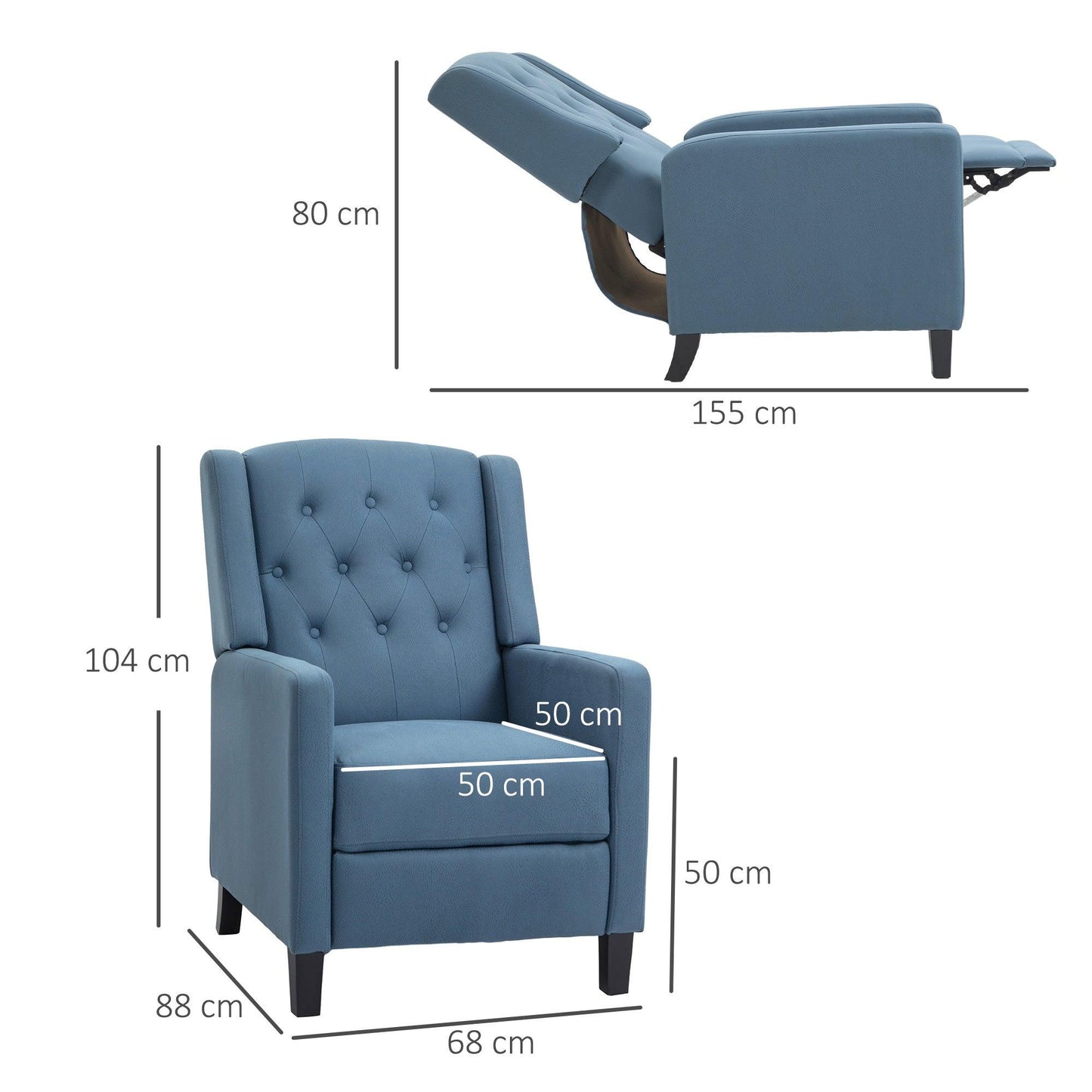 HOMCOM Button Tufted Microfibre Cloth Recliner Armchair for Living Room, Blue - ALL4U RETAILER LTD