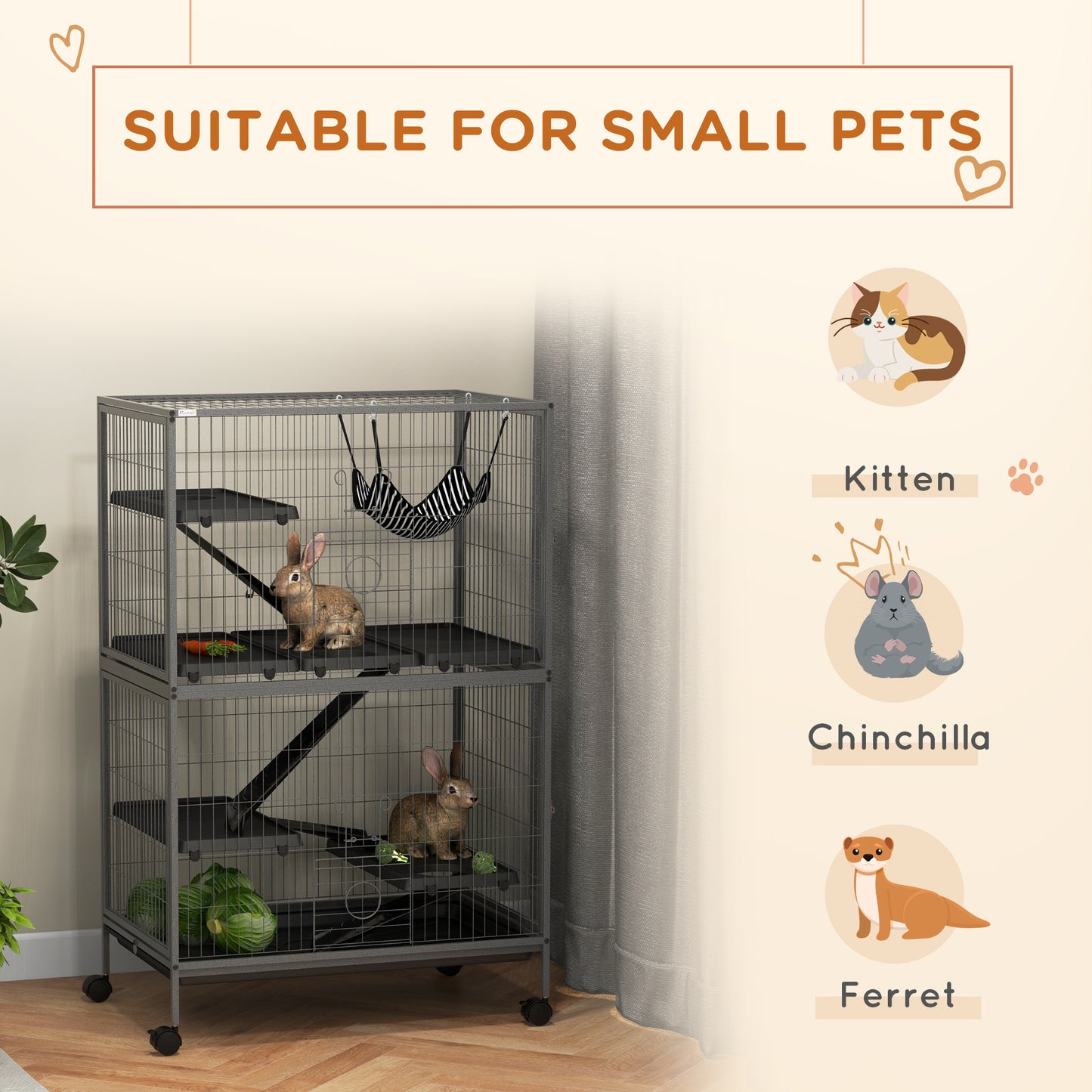 PawHut Mobile Small Animal Habitat with Hammock and Removable Tray for Chinchillas, Ferrets, and Kittens - Silver Grey - ALL4U RETAILER LTD