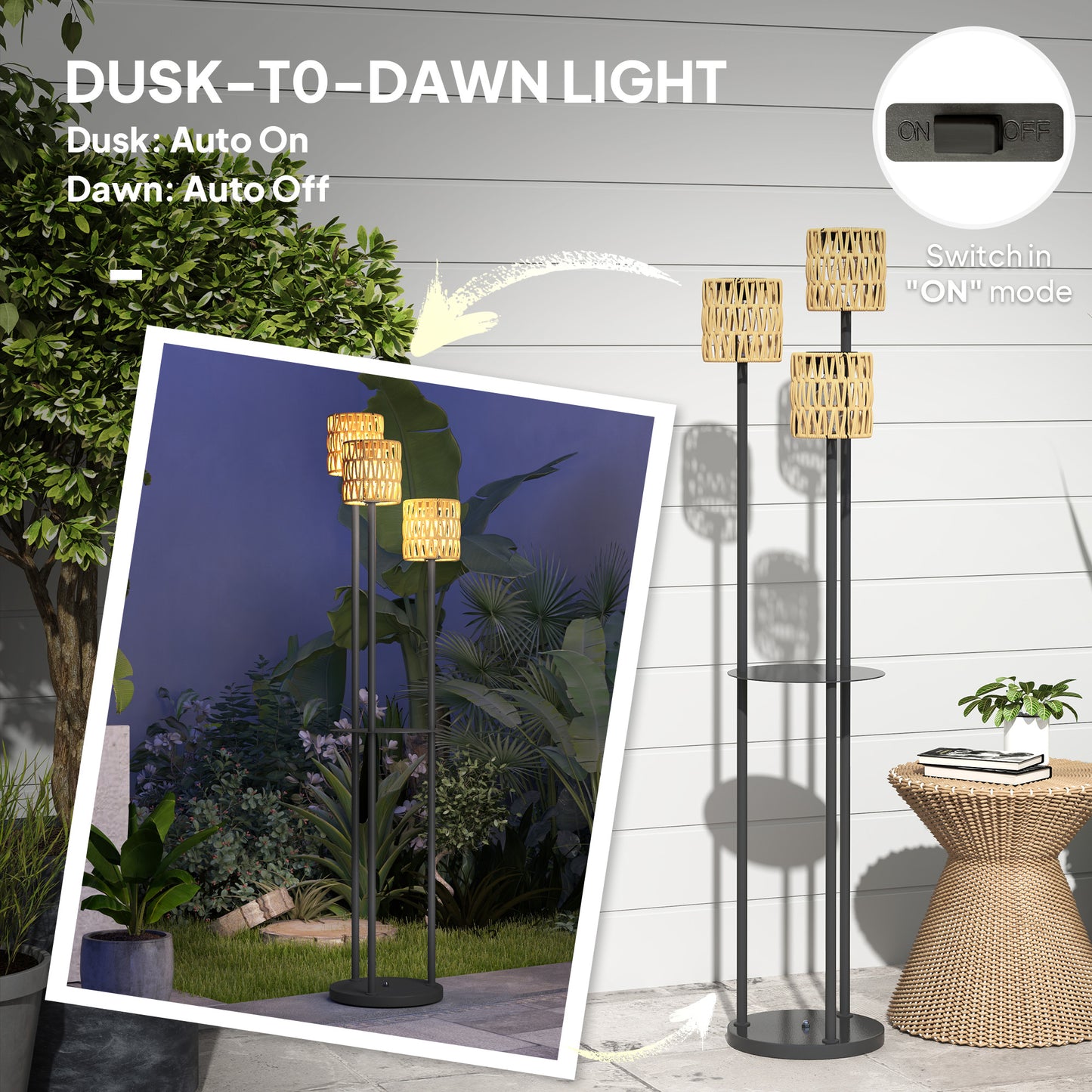 Outsunny Boho Rattan Floor Lamp With Shelf 3 Lights Solar Outdoor Garden Lamp Auto On Off IP44 Waterproof Yellow