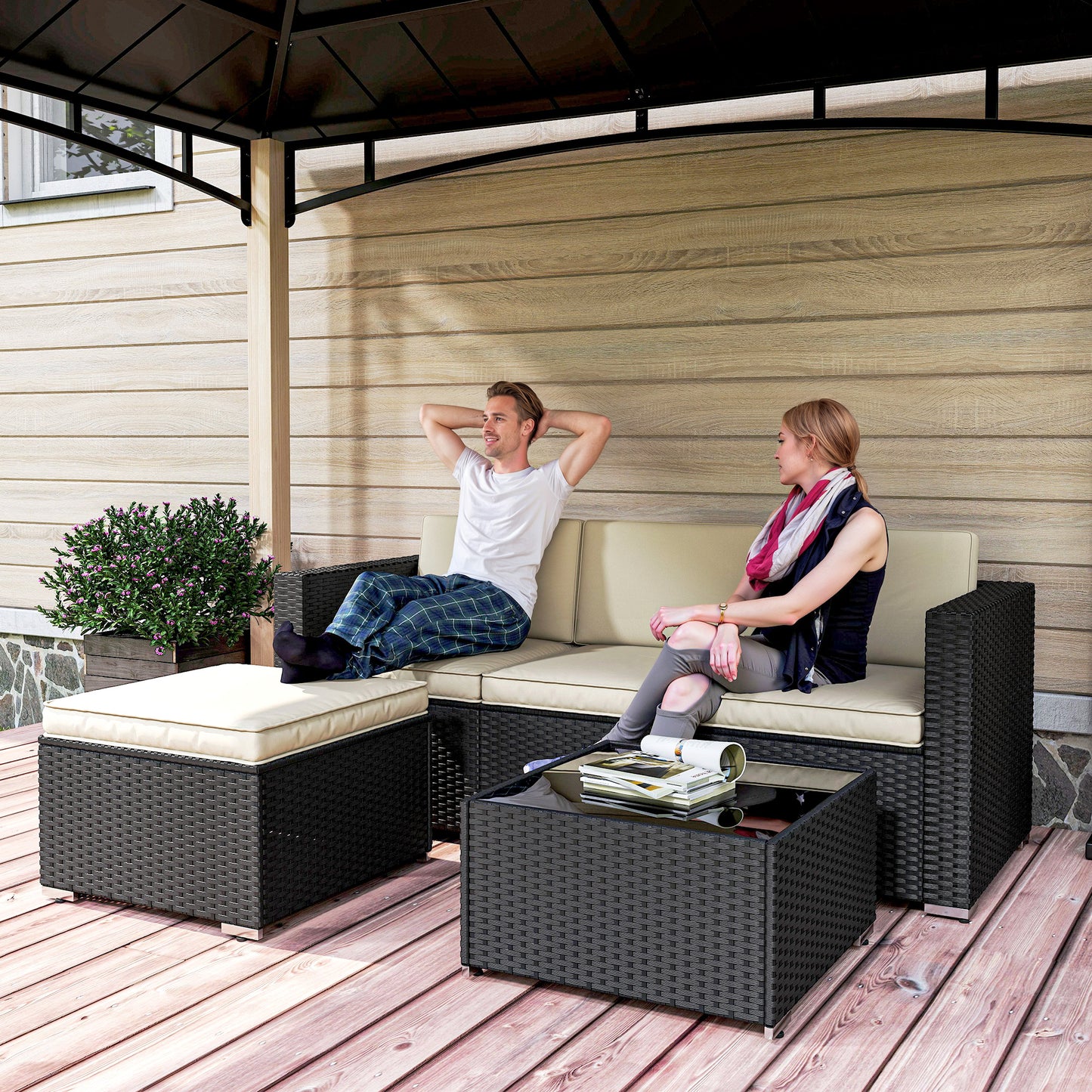 Outsunny 3 Pieces Garden Furniture Set With Cushions PE Rattan Wicker Conversation Corner Sofa Set