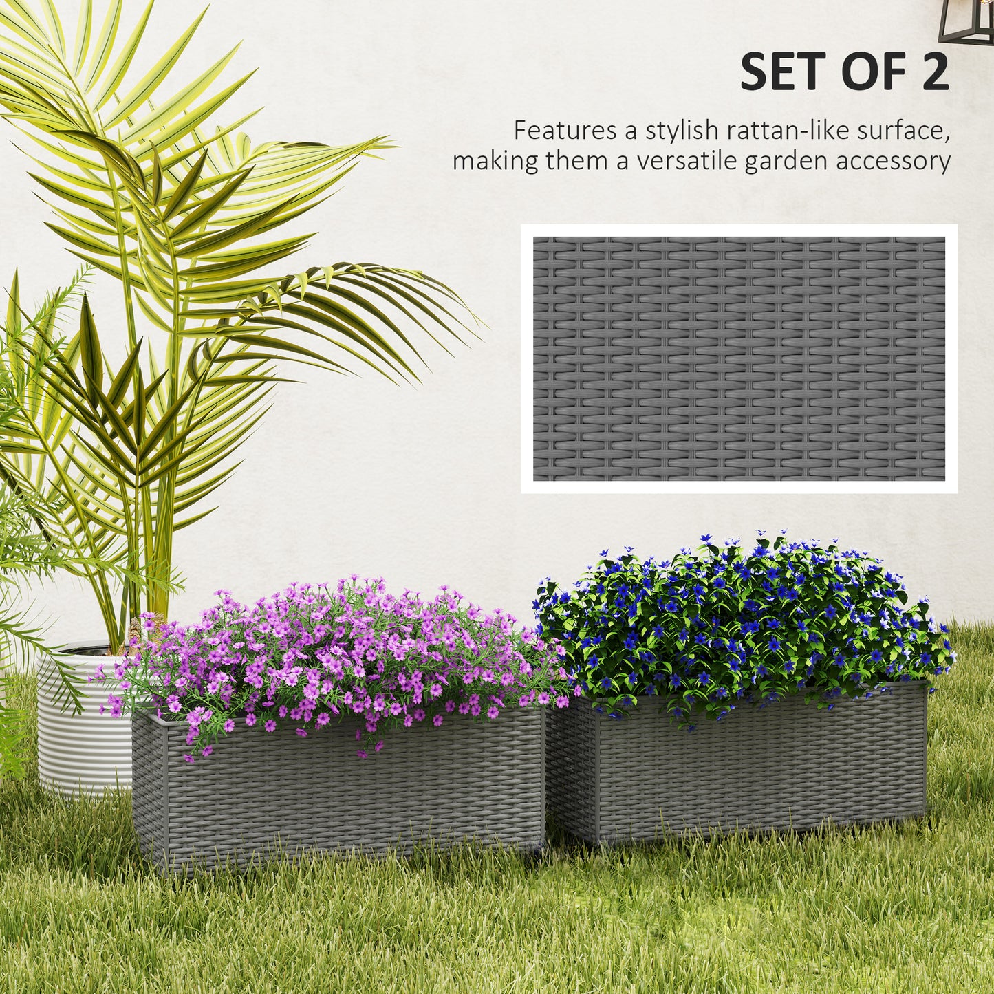 Outsunny Set Of Two Rattan Effect Planters With Hooks For Balconies Railings Grey