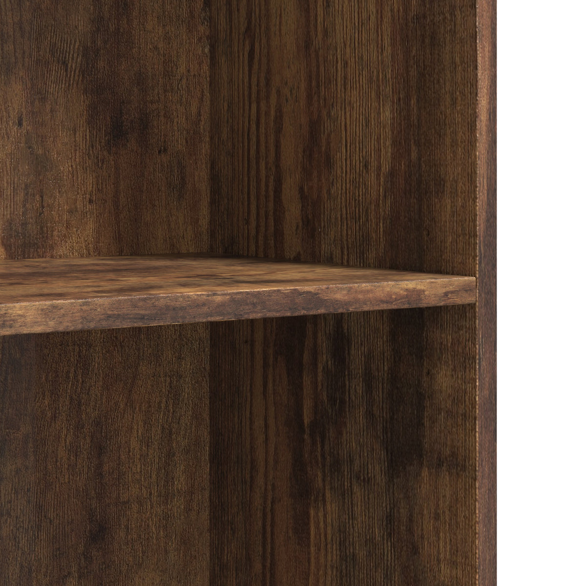 Rustic brown wooden bookshelf shelf detail with visible grain and worn texture