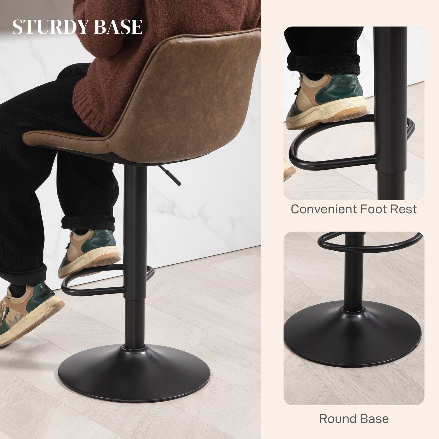 HOMCOM Bar Stools Set Of 2 Adjustable Swivel Bar Chairs With Back PU Leather Upholstery Footrest And Steel Base Brown