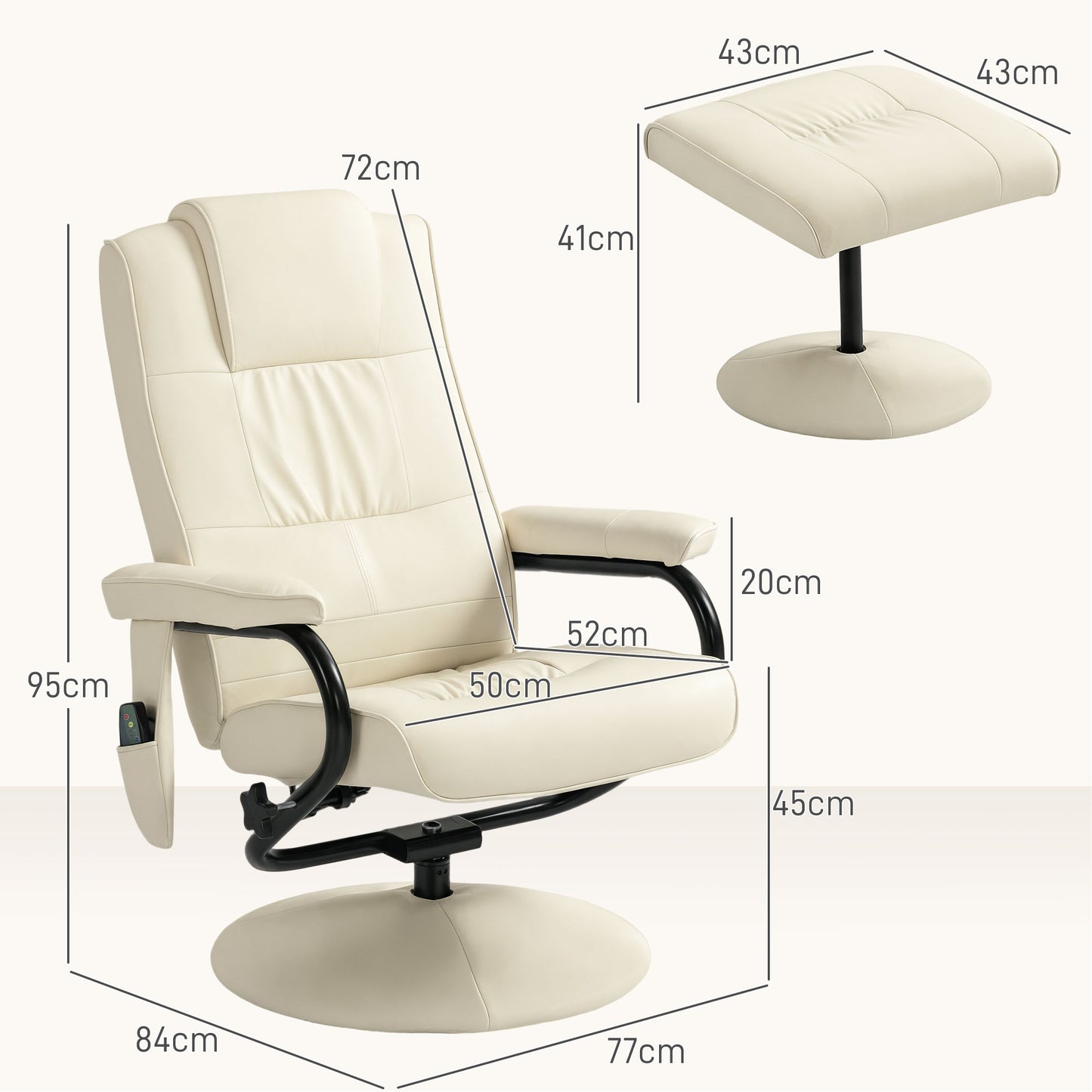 HOMCOM Swivel Recliner Chair and Footstool With Faux Leather Massage Remote Control Round Wrapped Base Cream White
