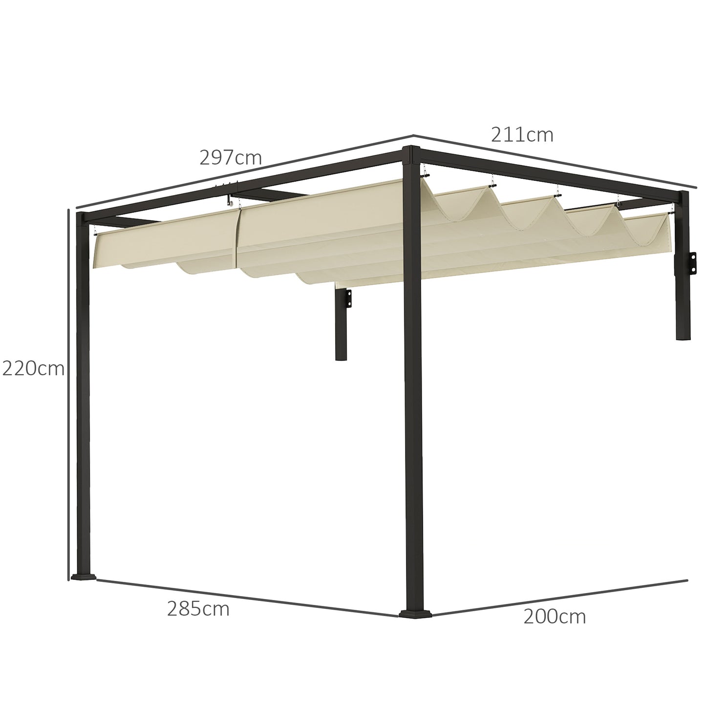 Outsunny 2x3m Lean To Steel Pergola With Retractable Fabric Canopy In Khaki For Outdoor Shade