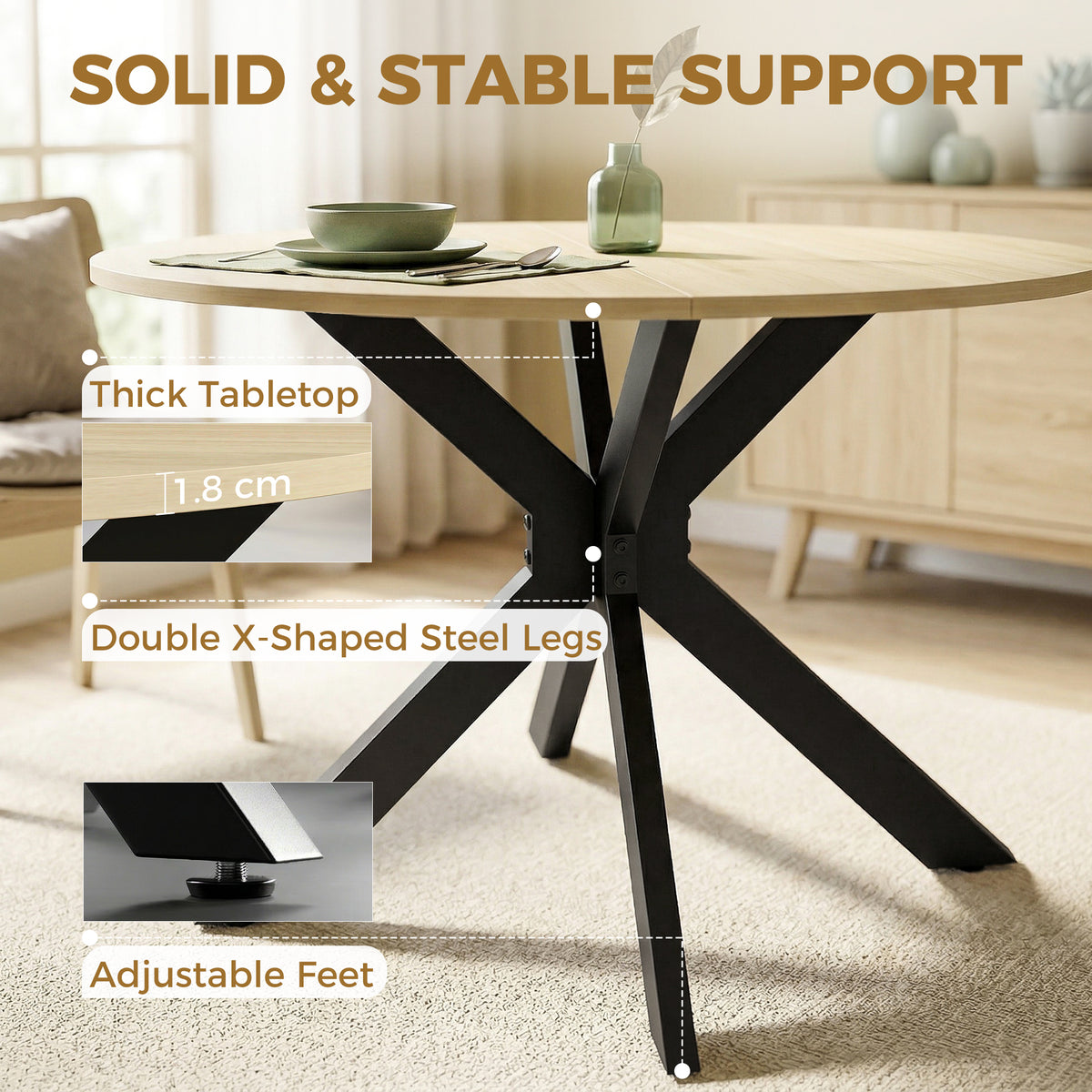 Round dining table with black double X steel legs and adjustable feet