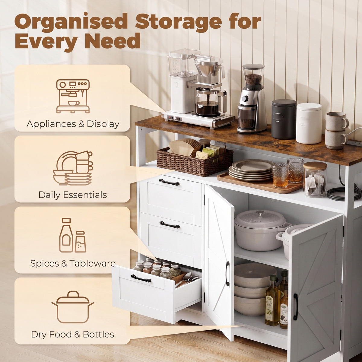 HOMCOM Farmhouse Sideboard Cabinet With Power Outlet 3 Drawers And Open Shelf