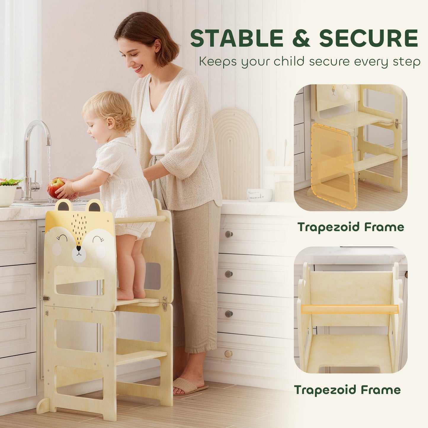 AIYAPLAY Toddler Step Stool Fox Shaped 3 in 1 Standing Tower with Chalkboard for Kitchen Counter Natural Wood