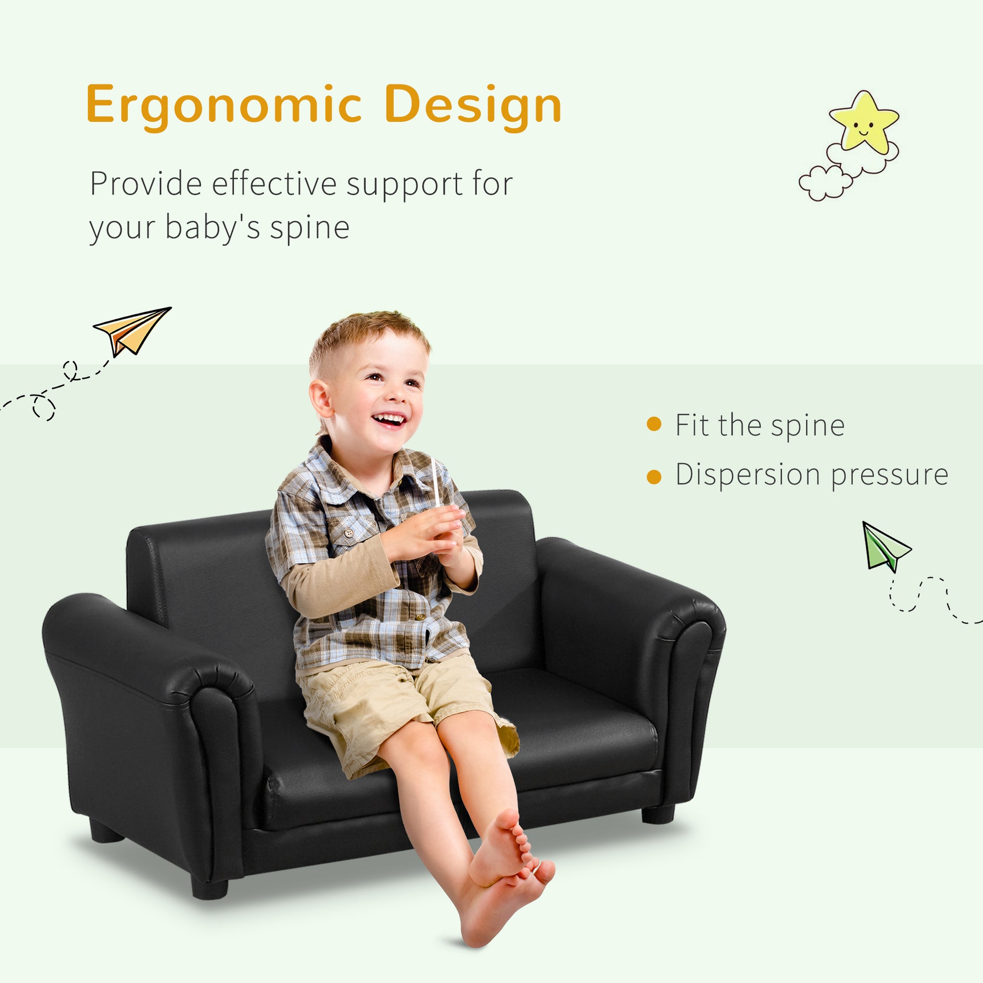 HOMCOM 2 Seater Toddler Chair Kids Twin Sofa Childrens Double Seat Chair Furniture Armchair Boys Girls Couch Footstool Black - ALL4U RETAILER LTD