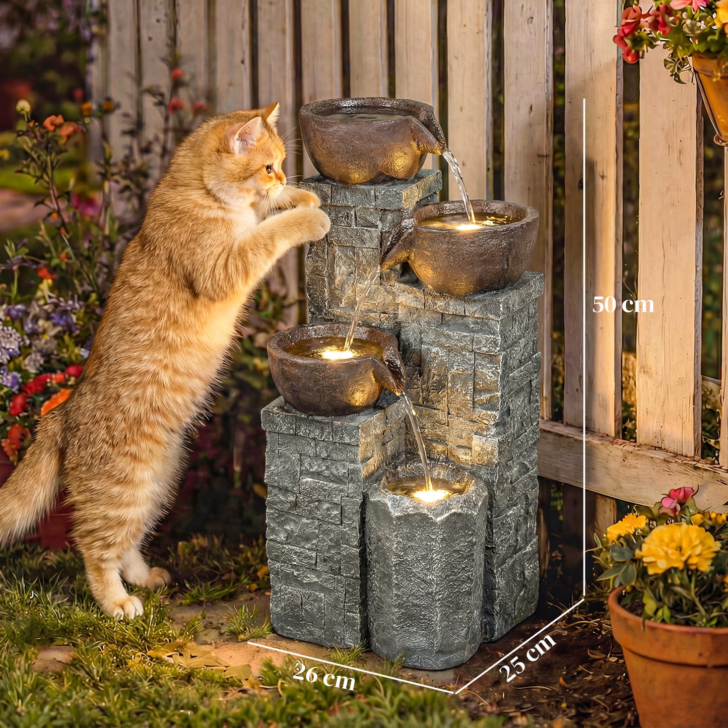 Outsunny 4-Tier Outdoor Fountain With Cascading Waterfall LED Lights Adjustable Flow Grey And Rustic Brown