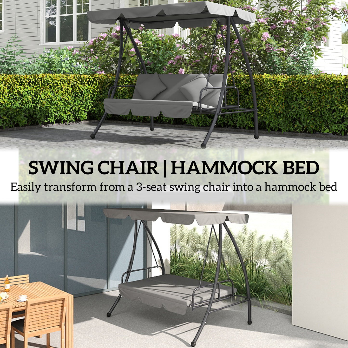 Outsunny 2 in 1 Outdoor Swing Chair Lounger for 3 Seater Garden Canopy Cushion Light Grey