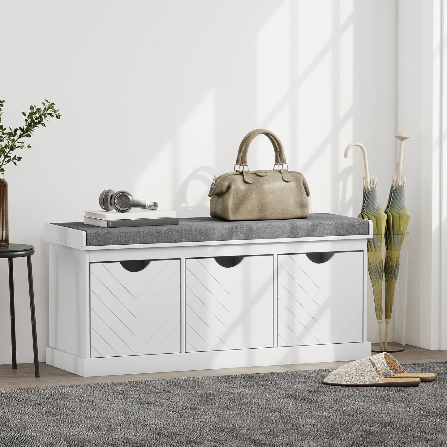 HOMCOM 3-Drawer Padded Shoe Bench With Breathable Washable Linen-Look Cover White