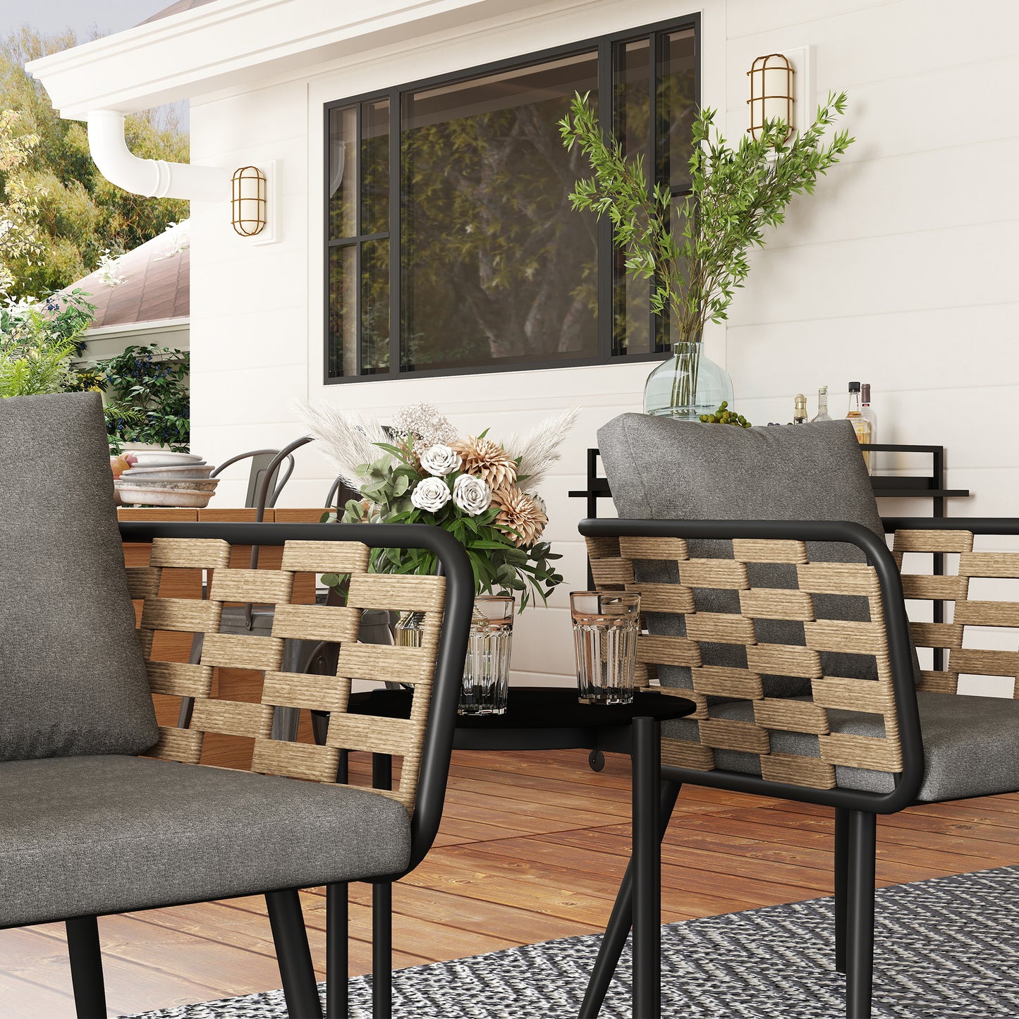 Outsunny 3 Pieces Rattan Bistro Set With Washable Cushions And Glass Top Coffee Table For Outdoor Patio Black