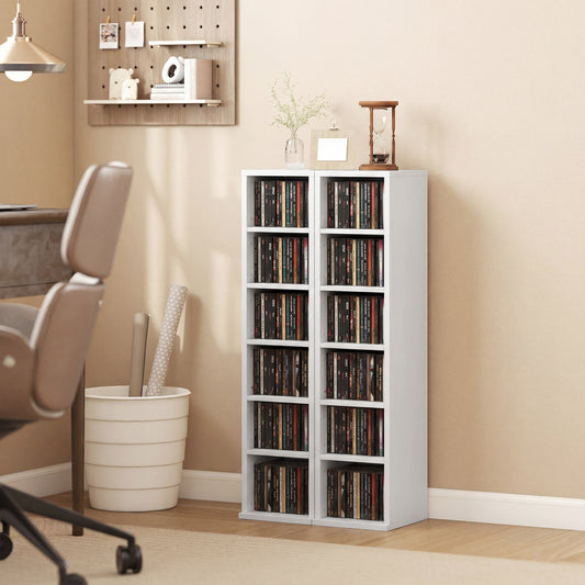 HOMCOM Set of 2 CD Media Display Shelf Units Tower Rack with Adjustable Shelves White