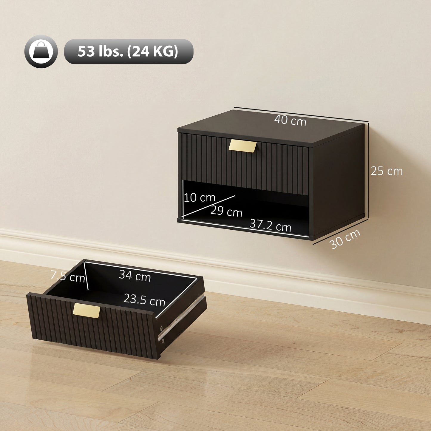 HOMCOM Set Of 2 Wall Mounted Nightstands Floating Bedside Tables With Fluted Drawers Open Shelf For Small Bedroom Black