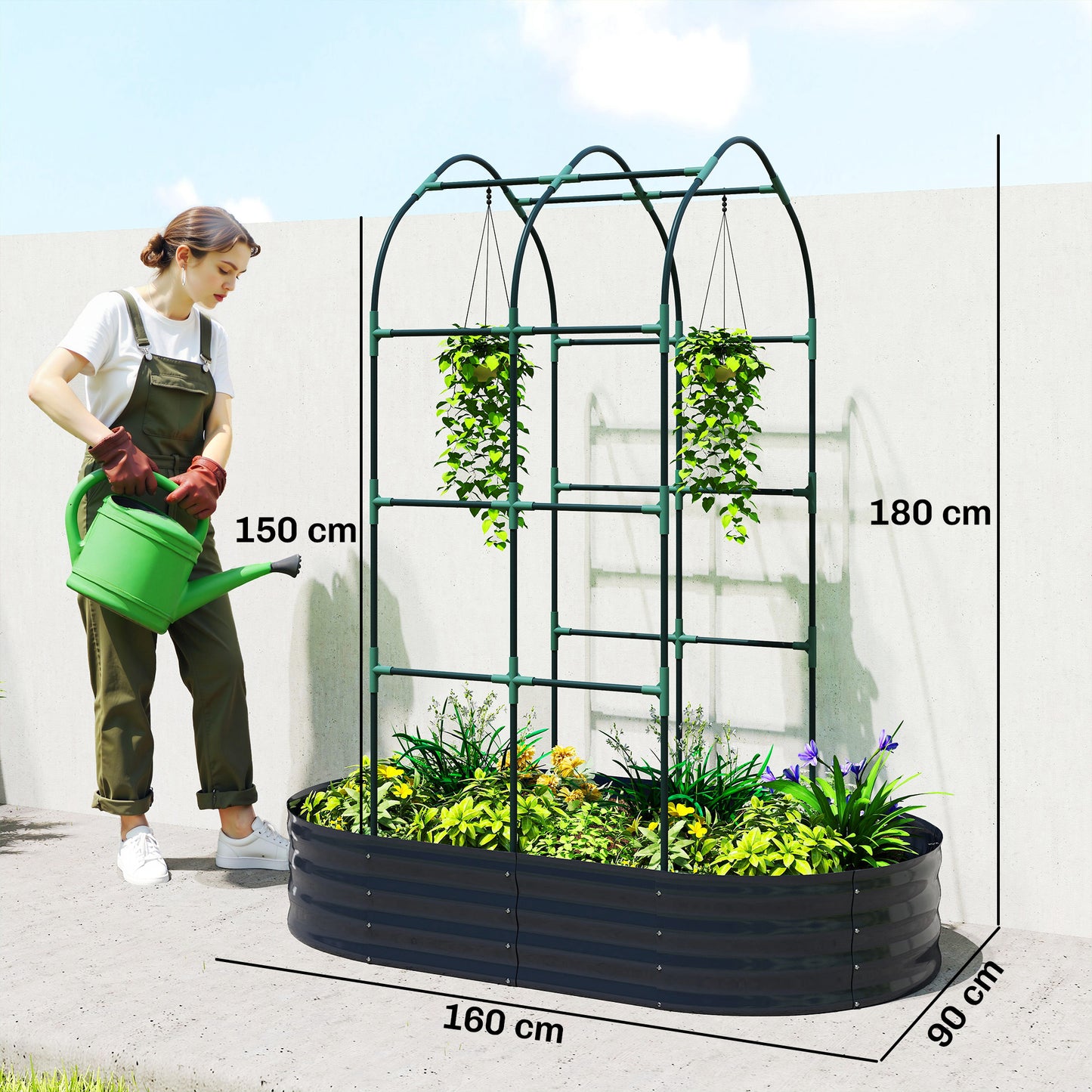 Outsunny Galvanised Raised Garden Bed With Arched Trellis 5 x 3 x 6ft Open Bottom Dark Grey