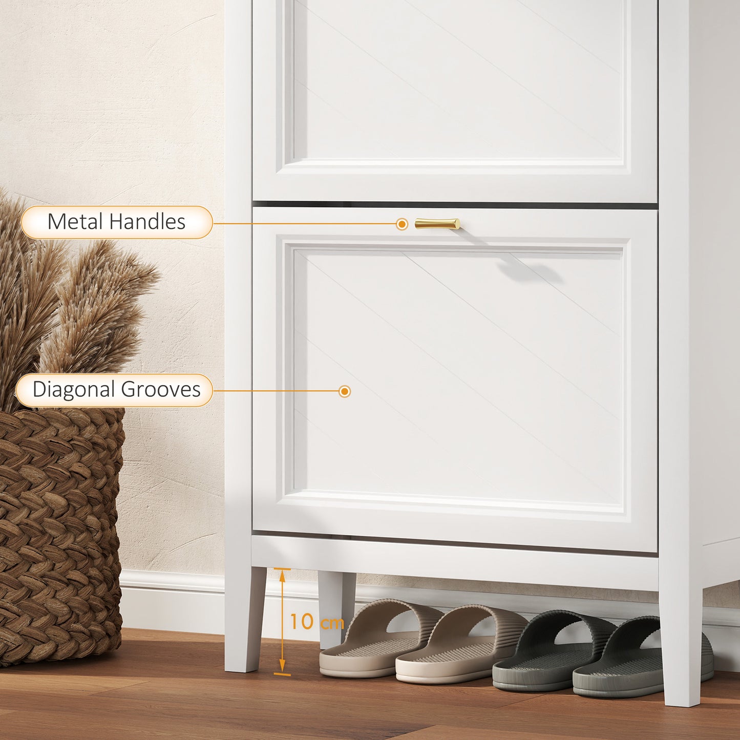 HOMCOM Farmhouse Narrow Shoe Storage Cabinet With 2 Flip Drawers And Adjustable Shelves White