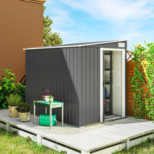 Outsunny 7x5 ft Galvanised Metal Shed With Sliding Door Dark Grey Garden Outdoor Storage